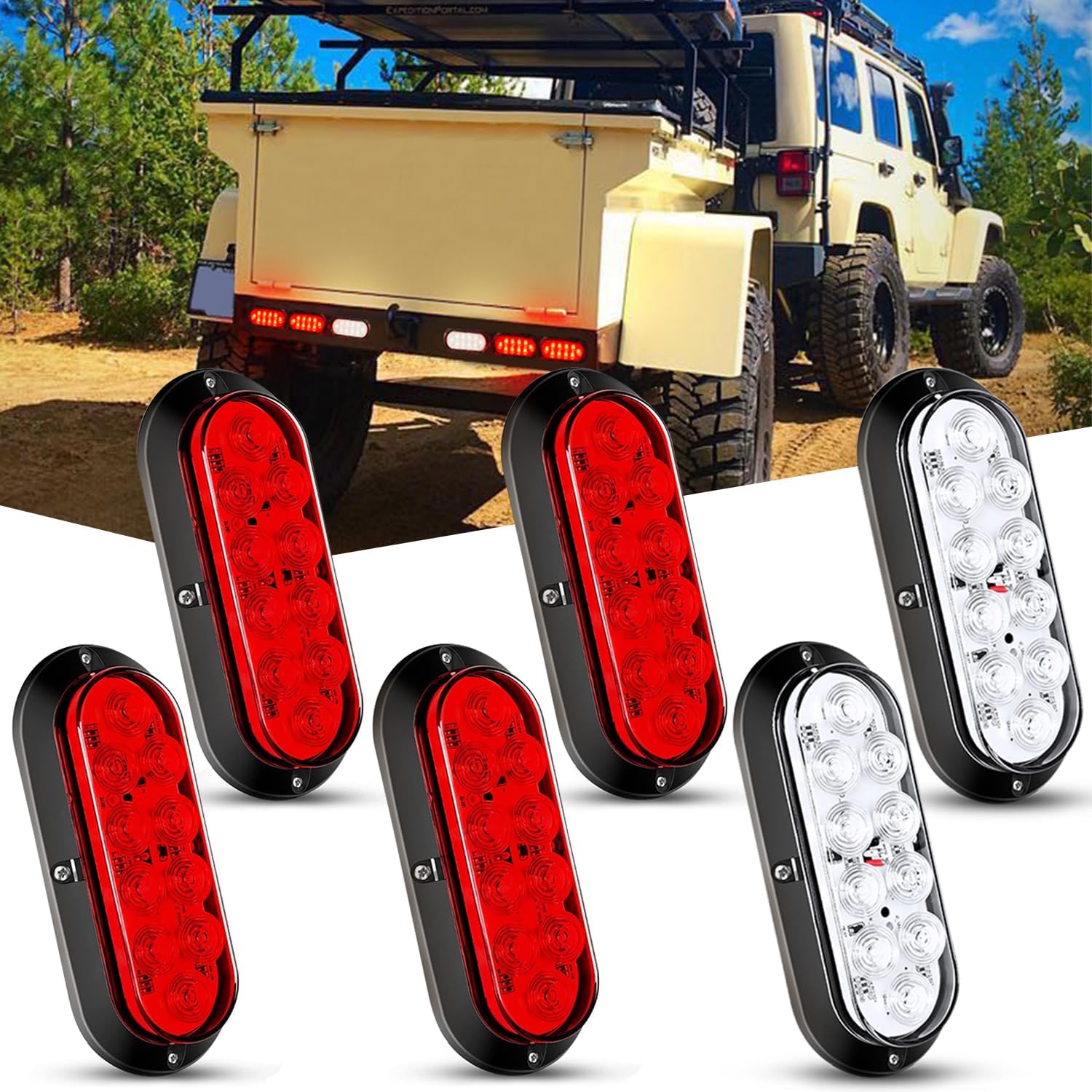 Nilight 6 Inch Oval Red White LED Trailer Tail Light six piece kit showcasing authentic front view styling.