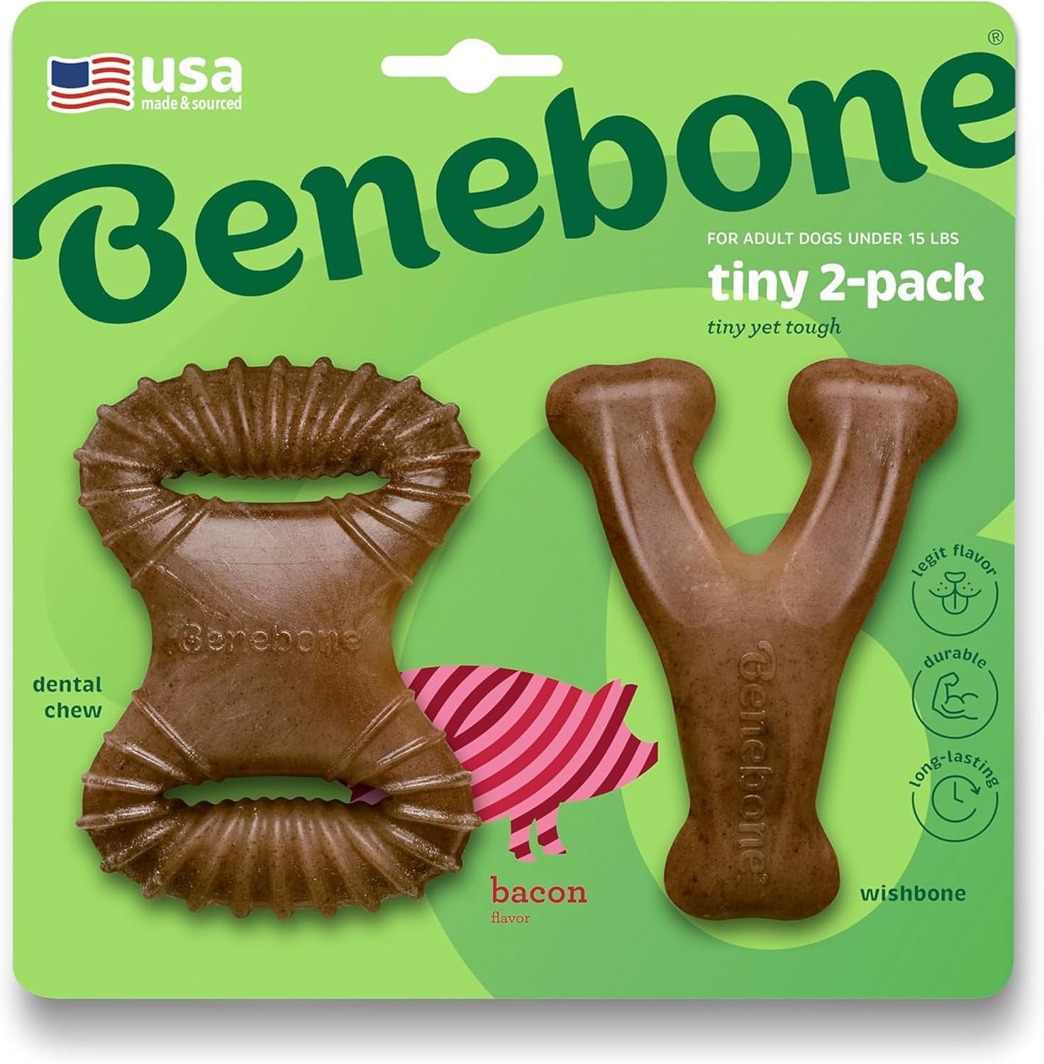 Benebone Tiny Two Pack Dog Chew Toys front view showcasing wishbone and dental chew