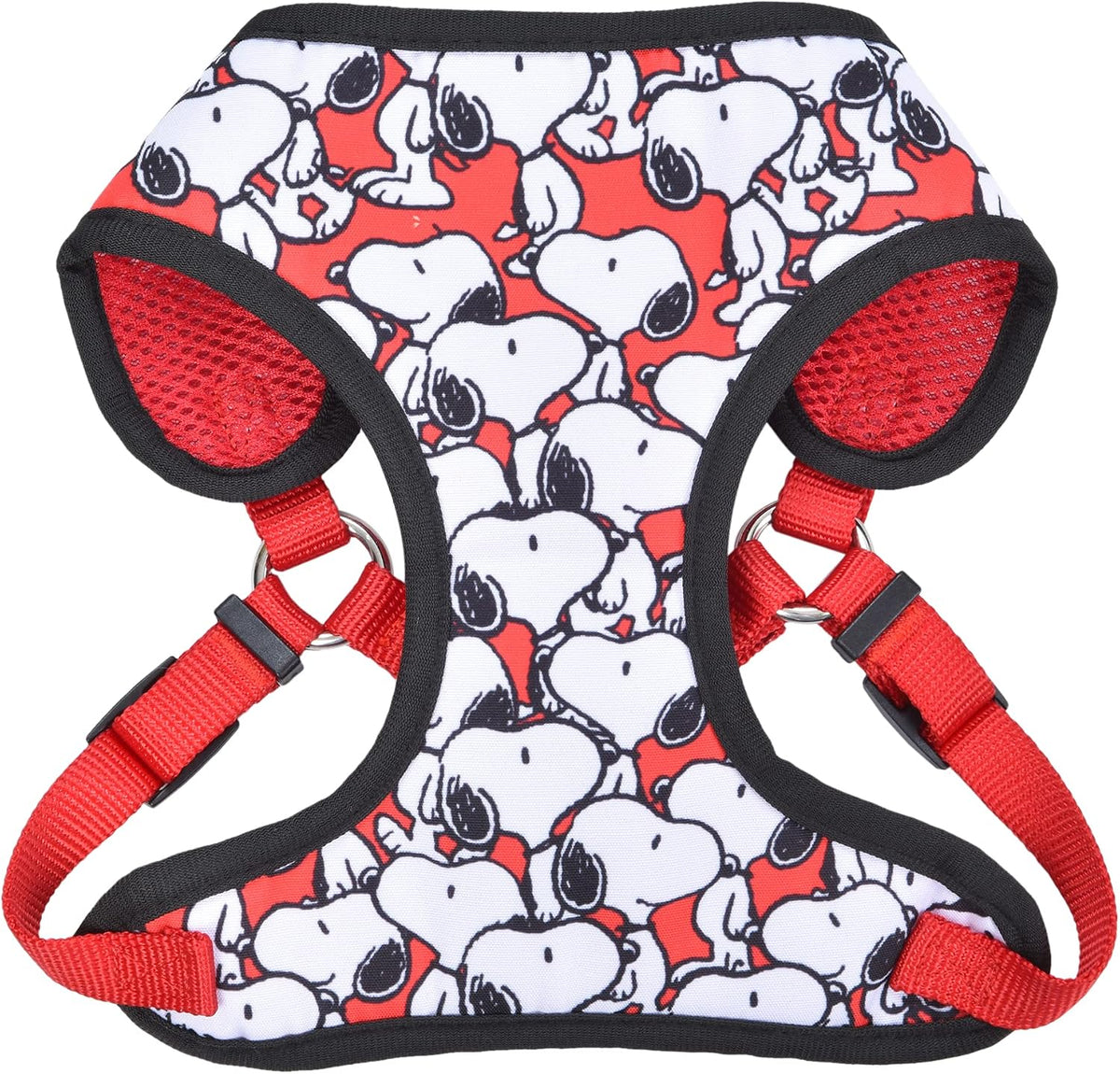 Fetch For Pets Peanuts Snoopy dog harness front view showing red print and design
