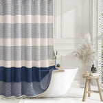 XOGUIBO navy blue coastal striped shower curtain front view