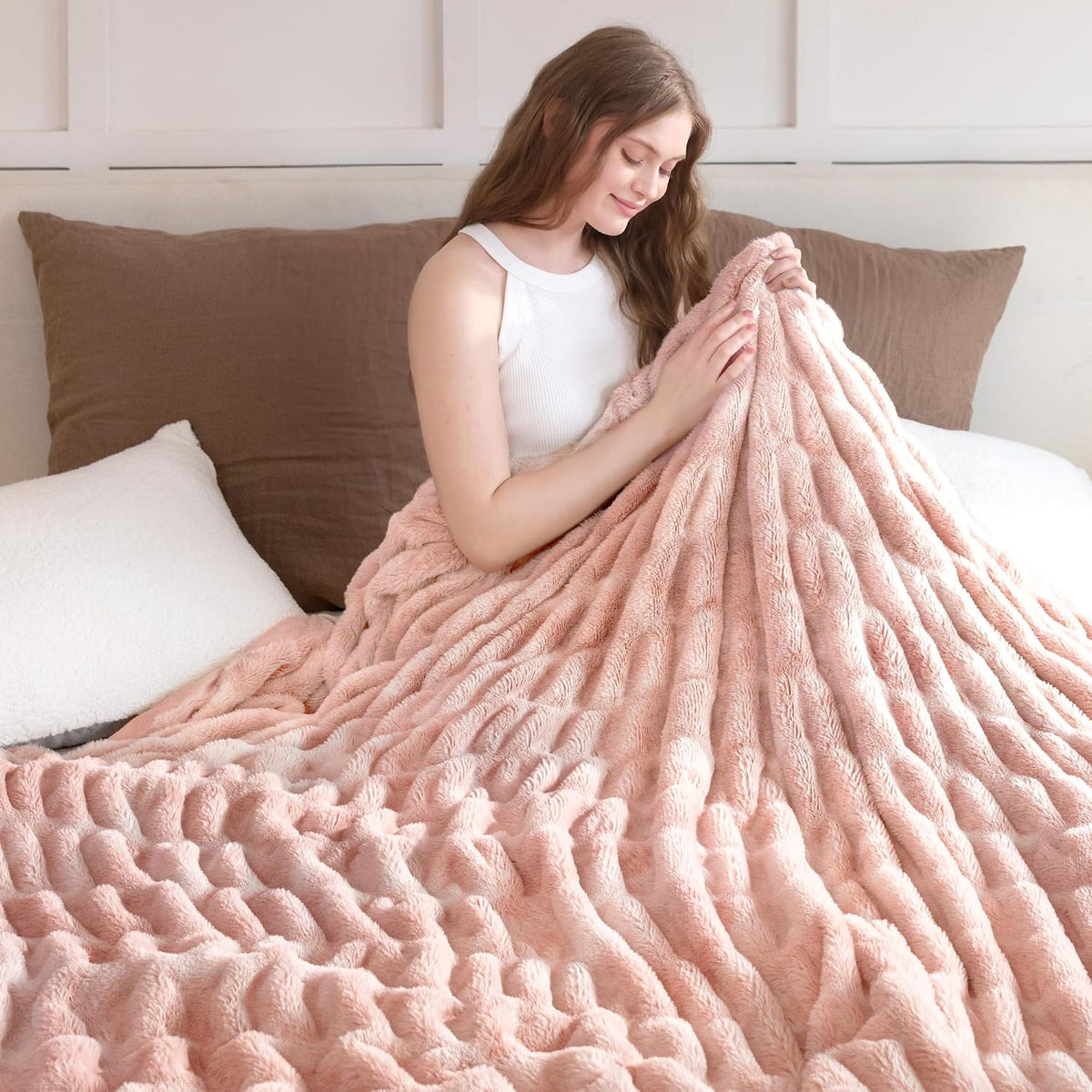Faux Rabbit Fur Throw Blanket, Ultra Soft Plush Cozy Blanket for Couch Bed, Thick Fluffy Ruched Tie-Dye Decorative Blanket, Giftable,50"x60",Tie-Dye Khaki - Image 14
