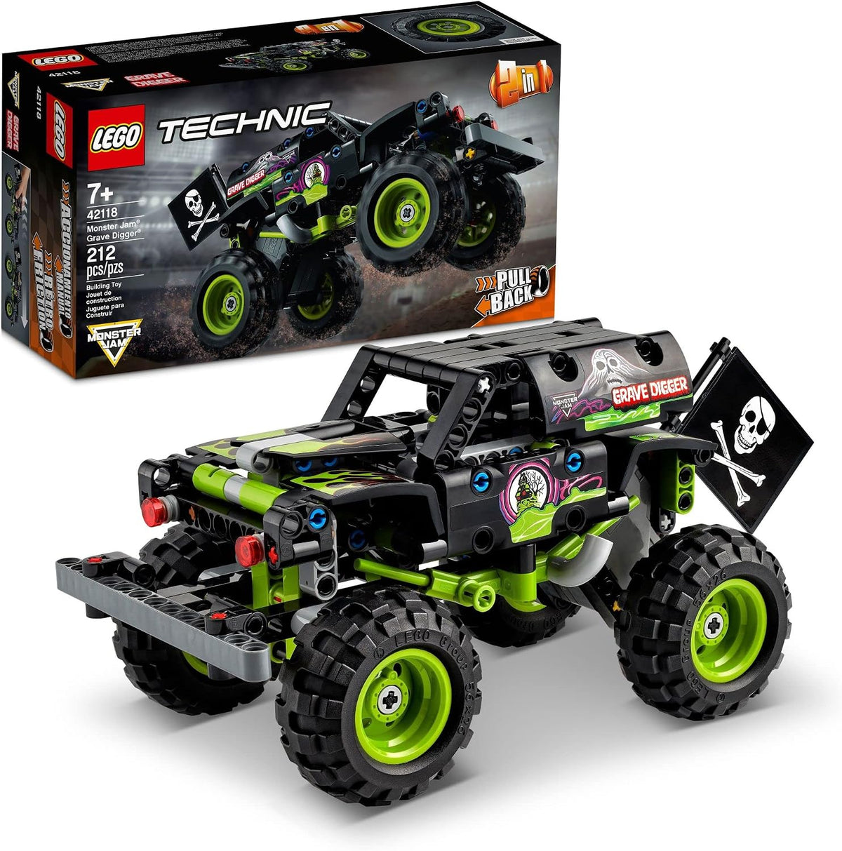 LEGO Technic Monster Jam Grave Digger 42118 set front view showcasing graphics and giant tires