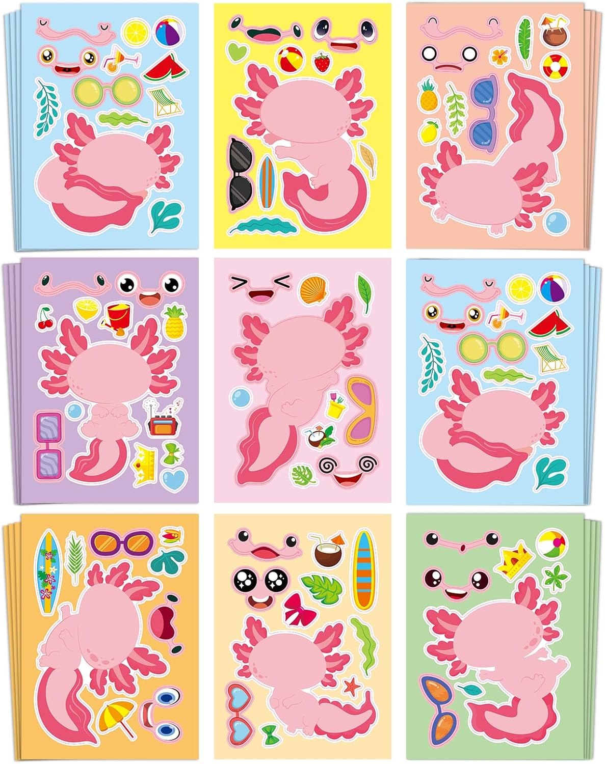 Aowplc 32 Sheets Axolotl Make-a-Face Stickers front view showing colorful cartoon salamander DIY craft sheets for kids party favors