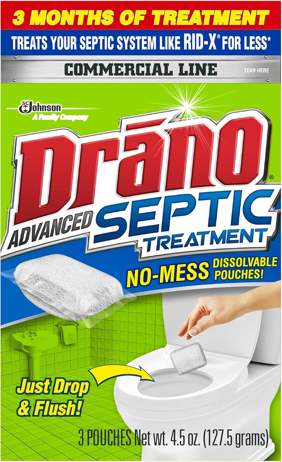 Drano Advanced Septic Tank Treatment Pods, Avoid Expensive Repairs by Preventing Solid Waste, Paper, Oil, and Grease Backup – 3 Pods, 4.5 oz - Image 1