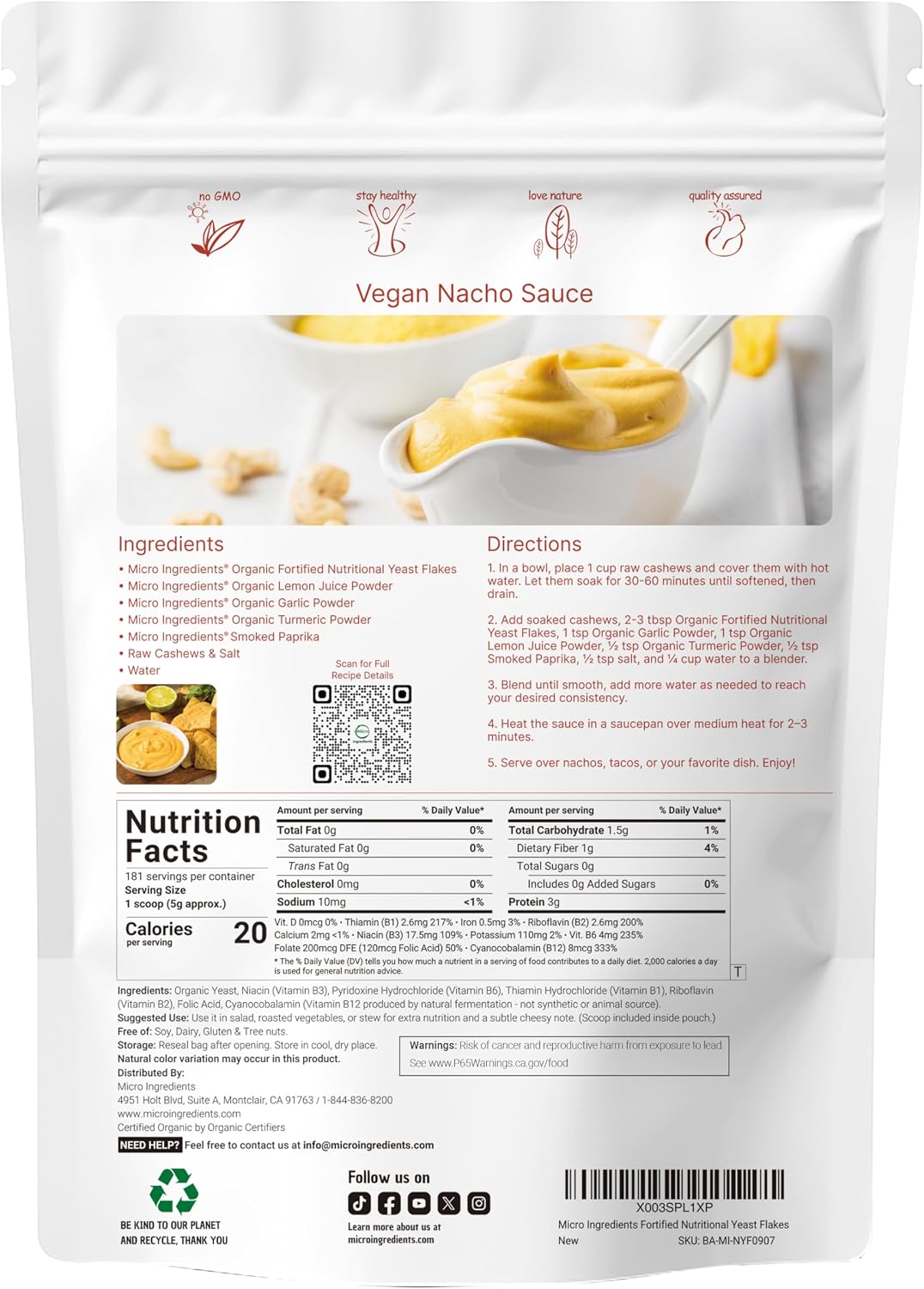 Micro Ingredients organic nutritional yeast flakes nutritional facts panel