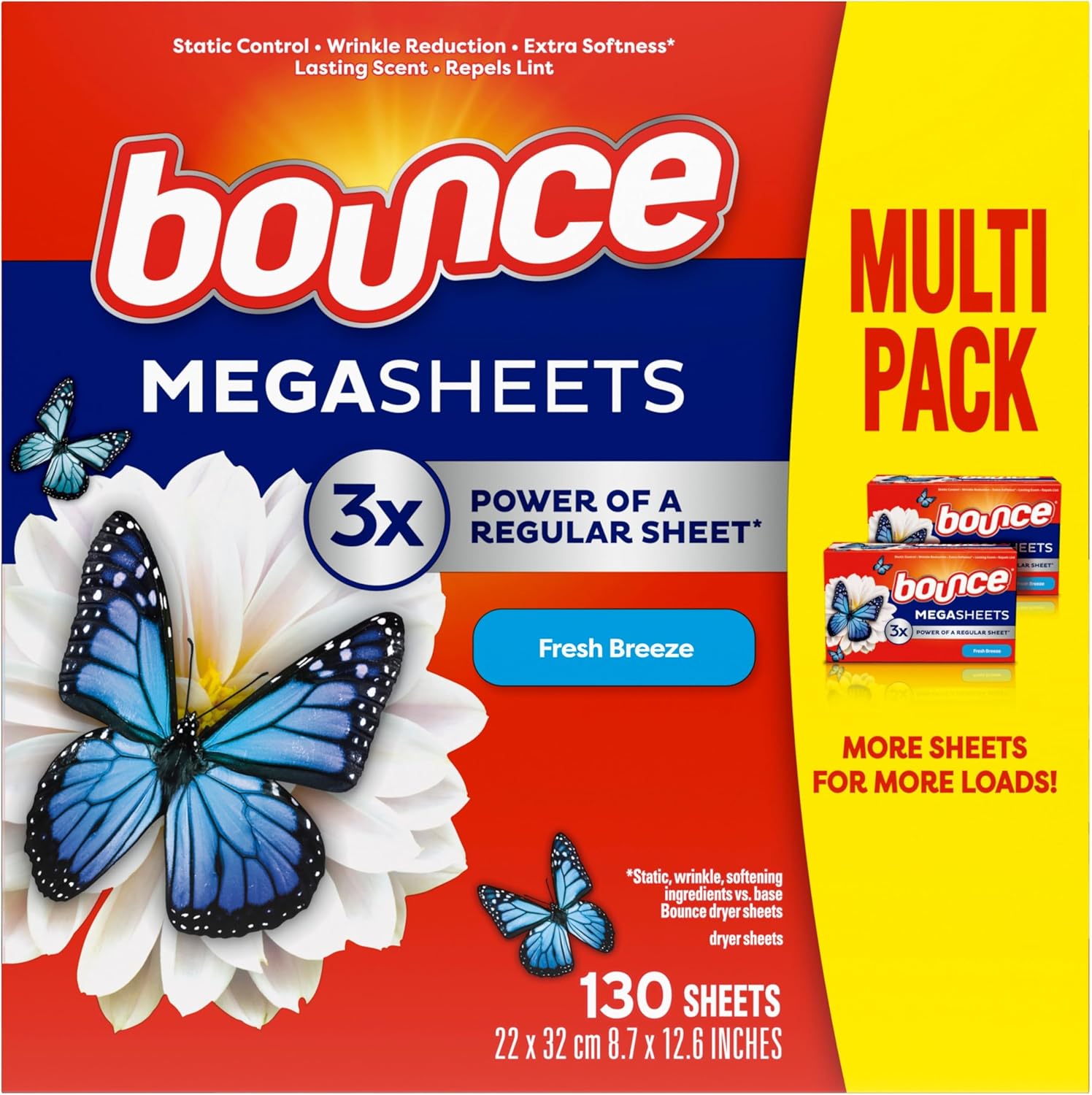 Bounce Mega Dryer Sheets Fresh Breeze 130 Count box front view showcasing packaging details