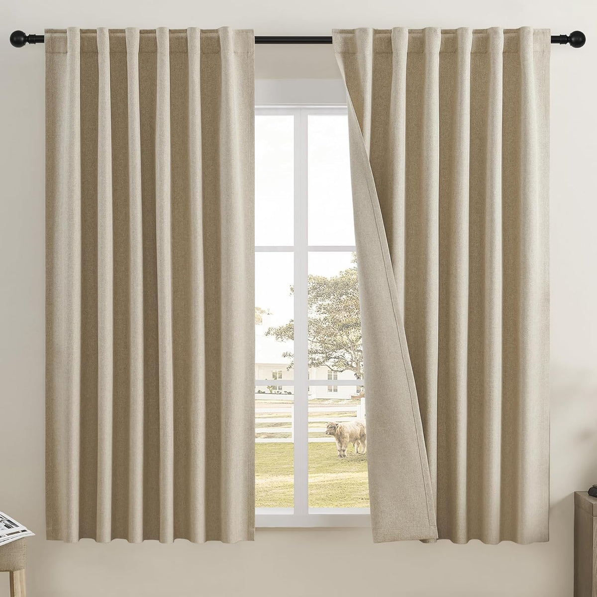 DUALIFE taupe linen blackout curtains front view