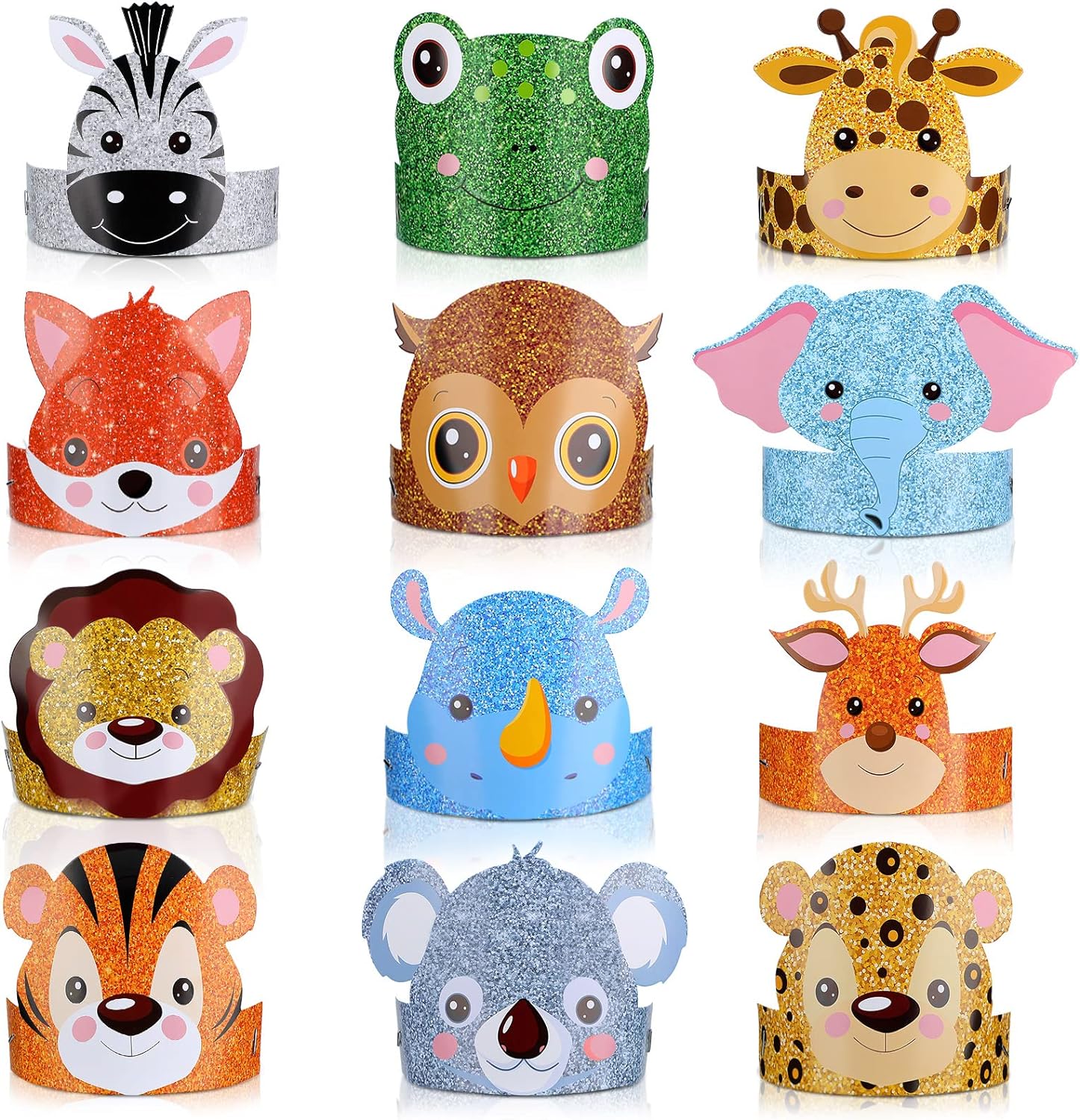 Gersoniel animal birthday party hats front view of assorted safari paper crowns