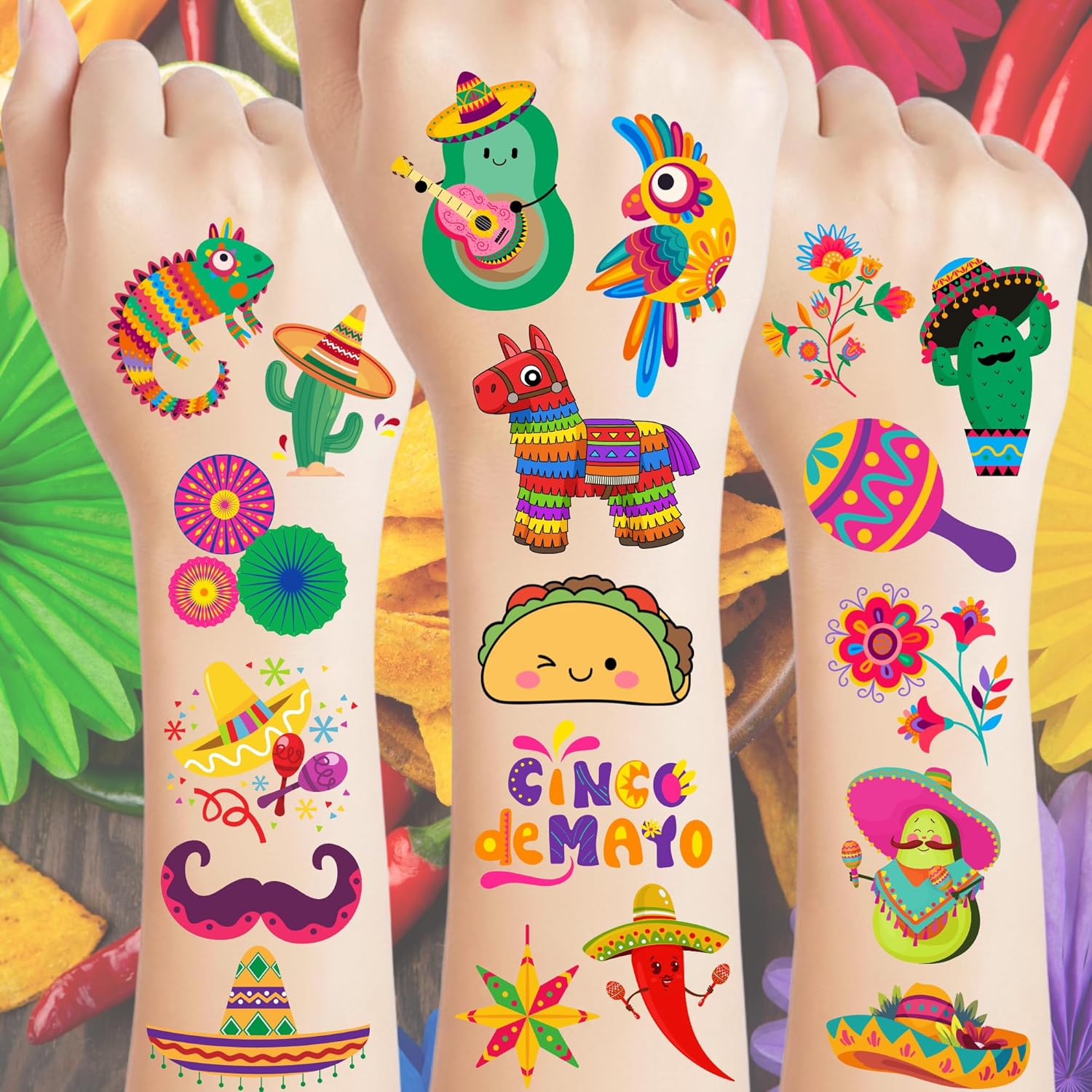 Backtopeia Cinco De Mayo temporary tattoos pack showcasing vibrant Mexican fiesta patterns.