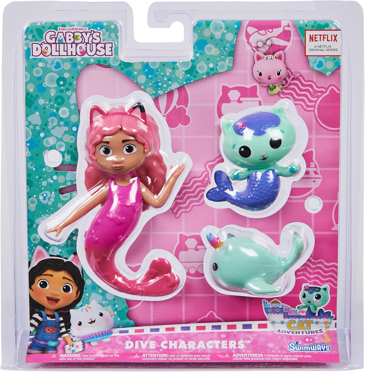 SwimWays Gabby's Dollhouse Dive Characters Three Pack front view showing underwater pool toys