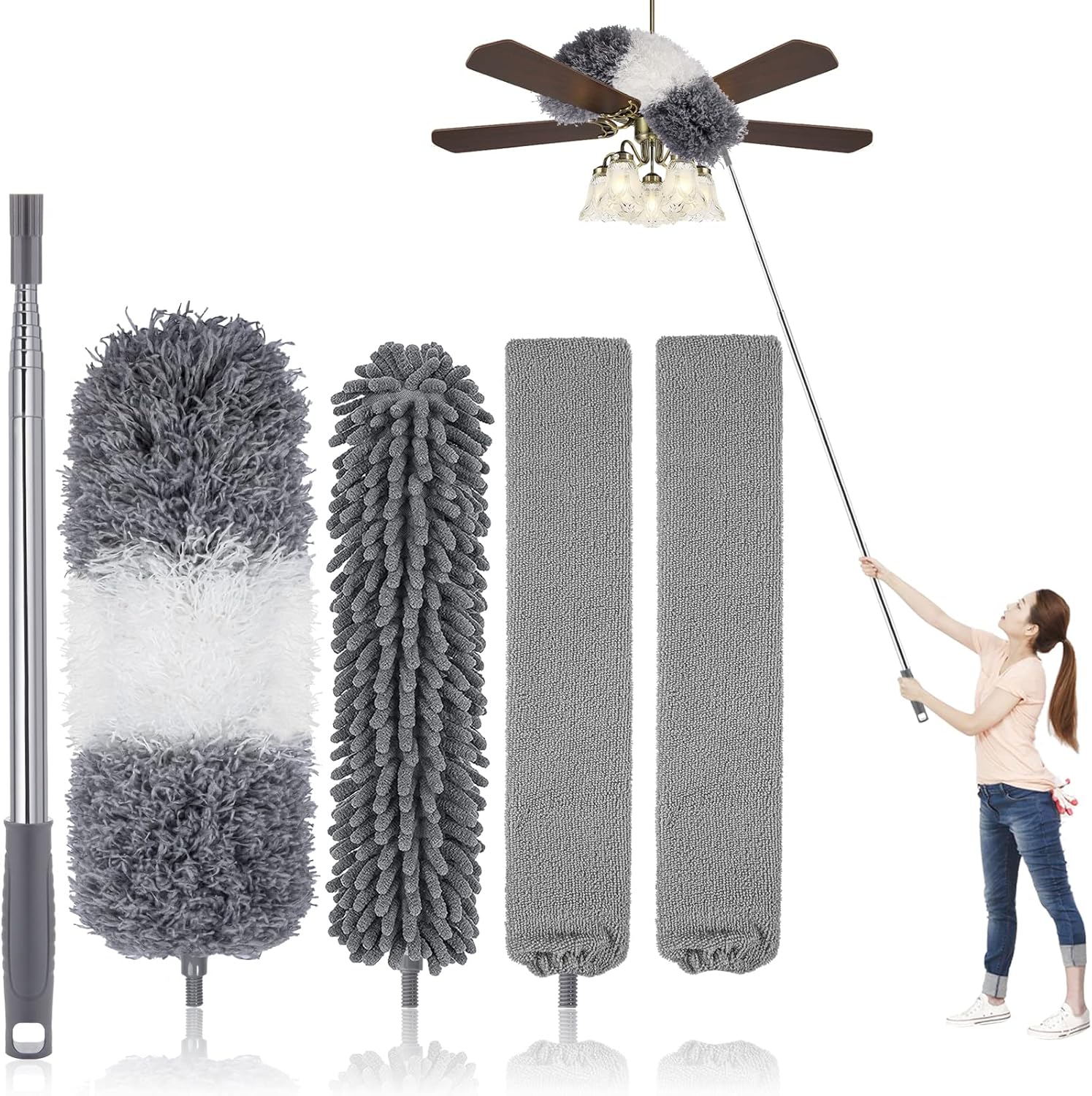 Microfiber Feather Duster Kit with Extension Pole (30–100") – Bendable Washable Heads, Extendable Dusters for Cleaning Ceiling Fan, High Ceiling, Blinds, Furniture & Cars (5 Pcs) - Image 1
