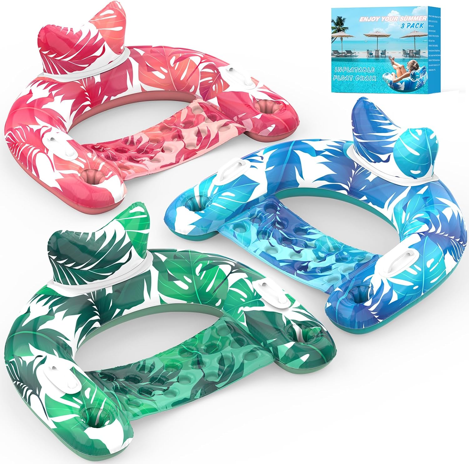 KEUCL inflatable pool float chairs three pack front view floating in a clear blue swimming pool
