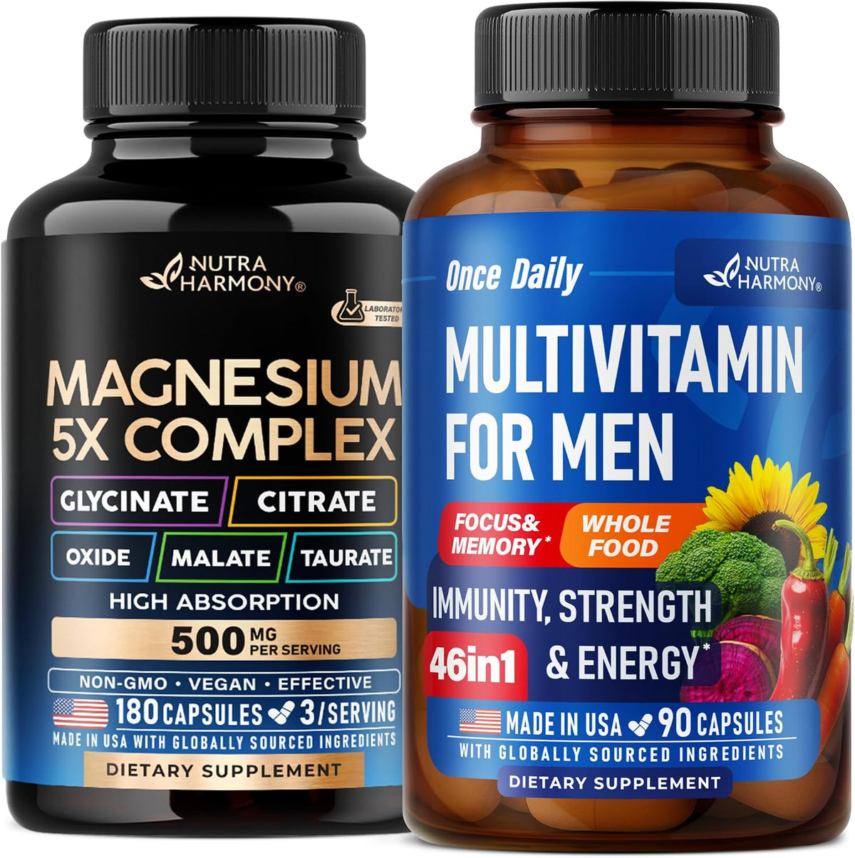 Nutraharmony Magnesium Complex and Multivitamins for Men Capsules front view health supplement bottle