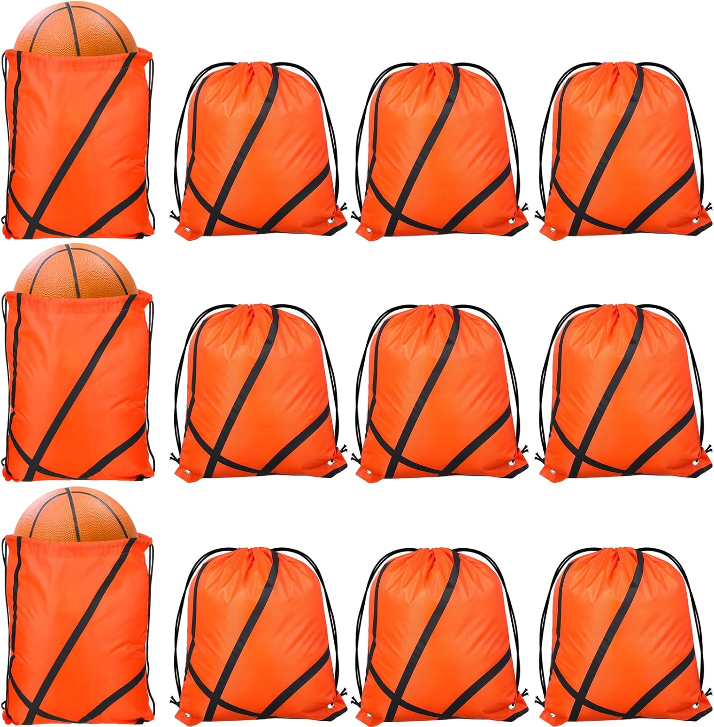 Riakrum 12 Piece Basketball Drawstring Backpack front view showing vibrant orange color and printed sports lines