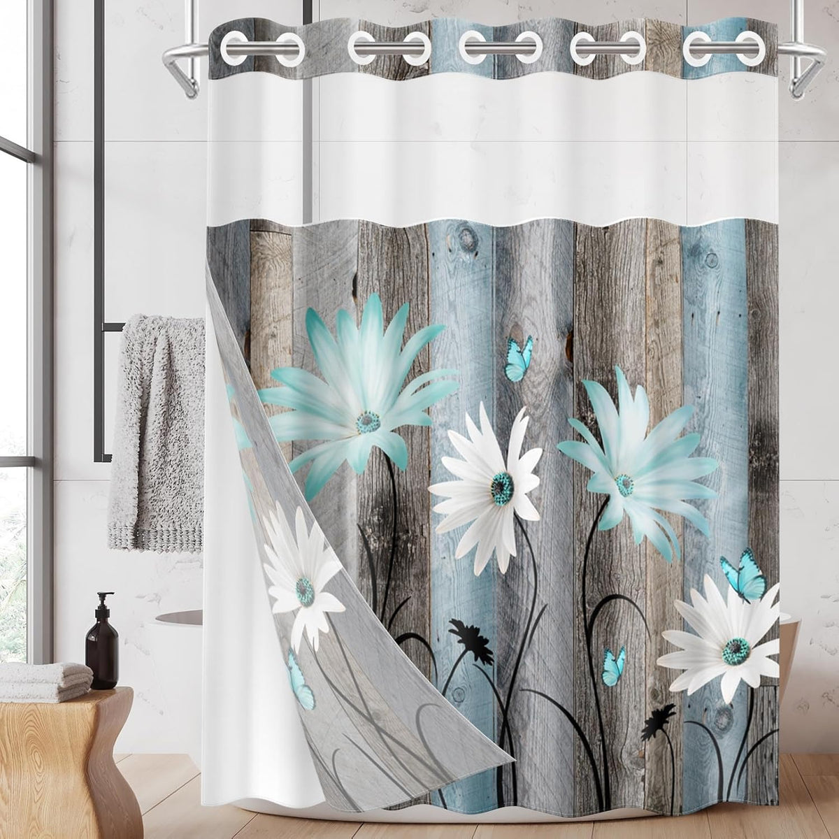 Nesphy no hook rustic farmhouse shower curtain front view showing teal daisy design
