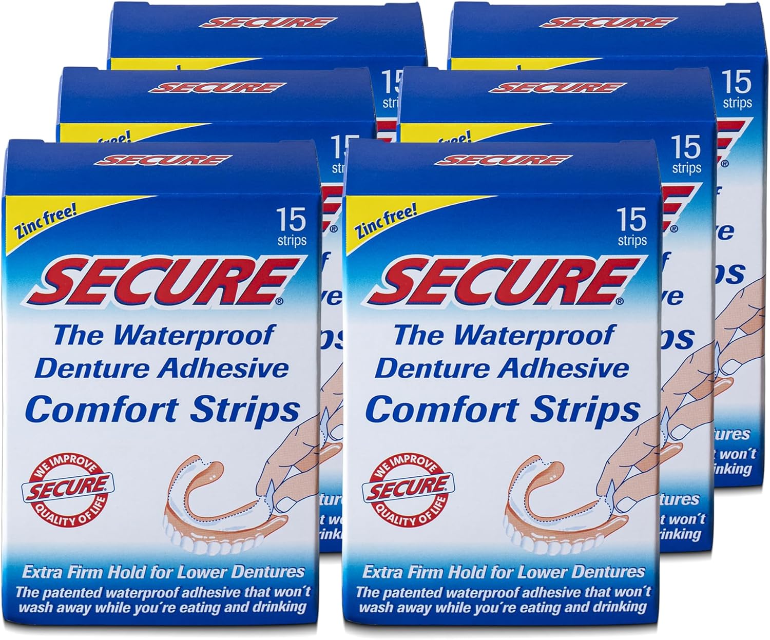 Secure denture adhesive comfort strips front view packaging