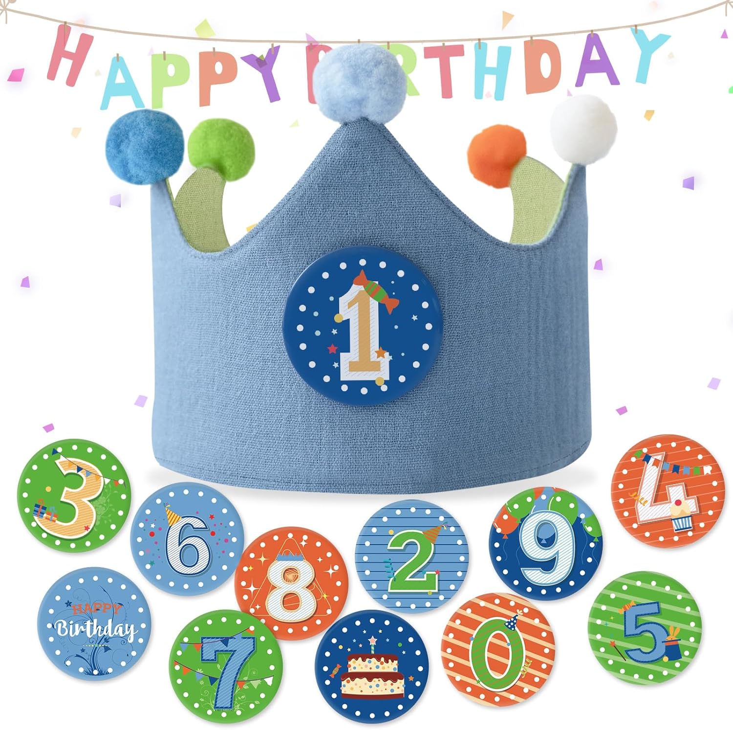 Ulibanner reusable birthday crown front view showing blue and green fabric design