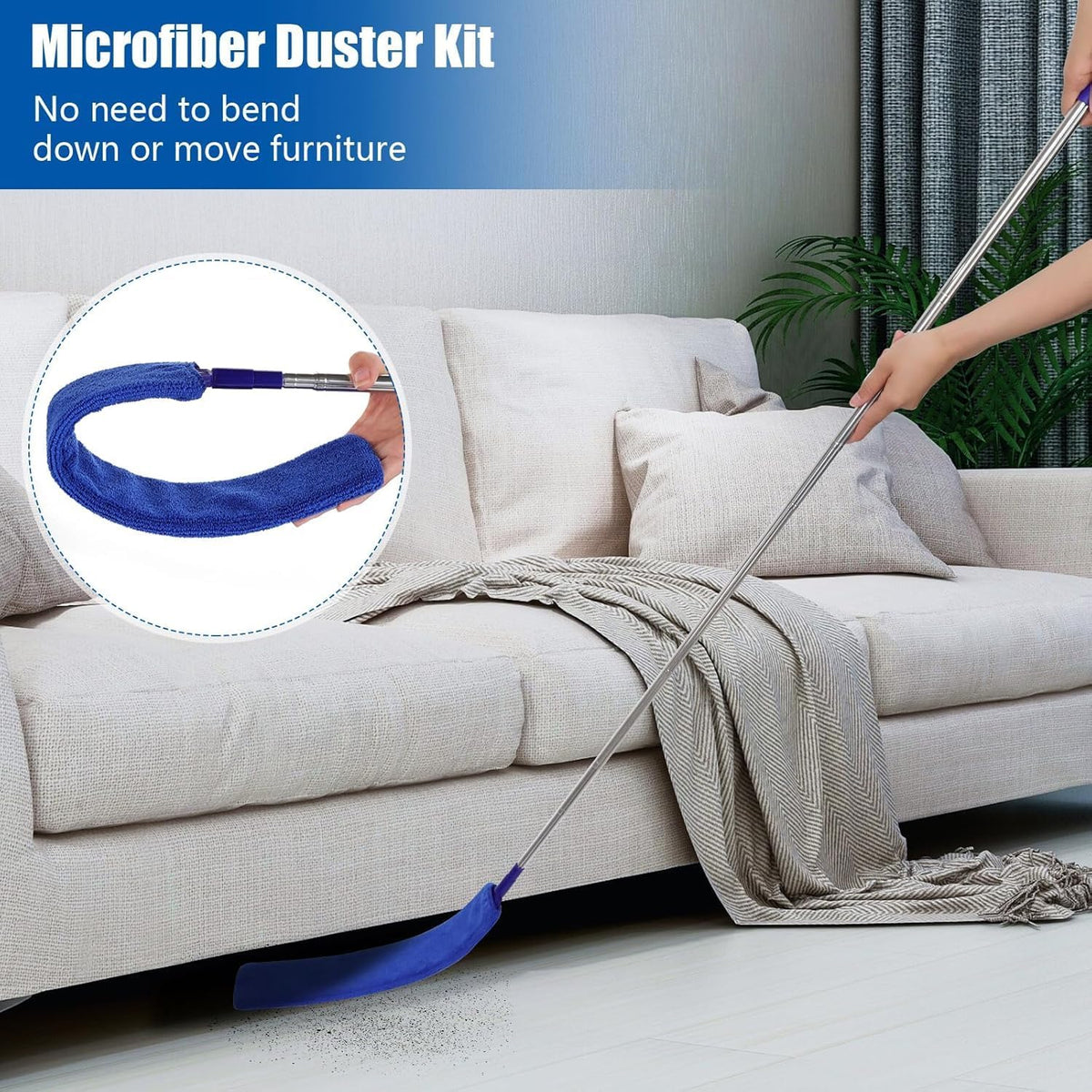 Cleaning underneath a sofa with the long handle duster