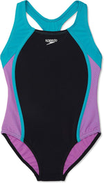 Speedo mesh splice swimsuit lifestyle product presentation