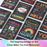 Close-up of chalkboard style motivational quote on notebook cover.
