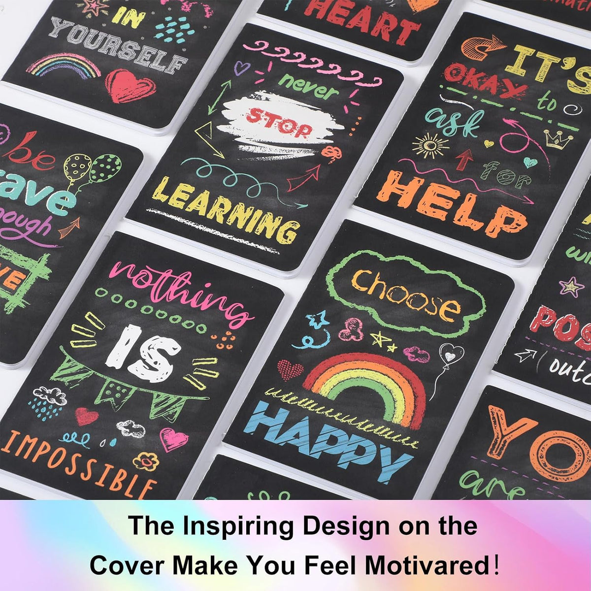 Close-up of chalkboard style motivational quote on notebook cover.