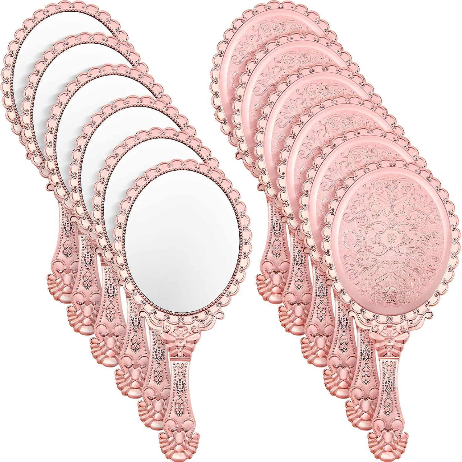 Qunclay vintage handheld mirror front view displaying the rose gold embossed floral pattern frame.
