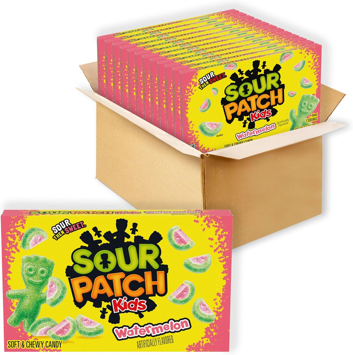 Sour Patch Kids Watermelon soft and chewy gummy candy bulk boxes front view
