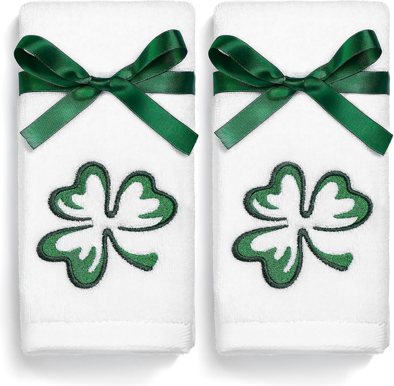 Newlighture St. Patrick's Day hand towels front view showing embroidered green shamrock designs.