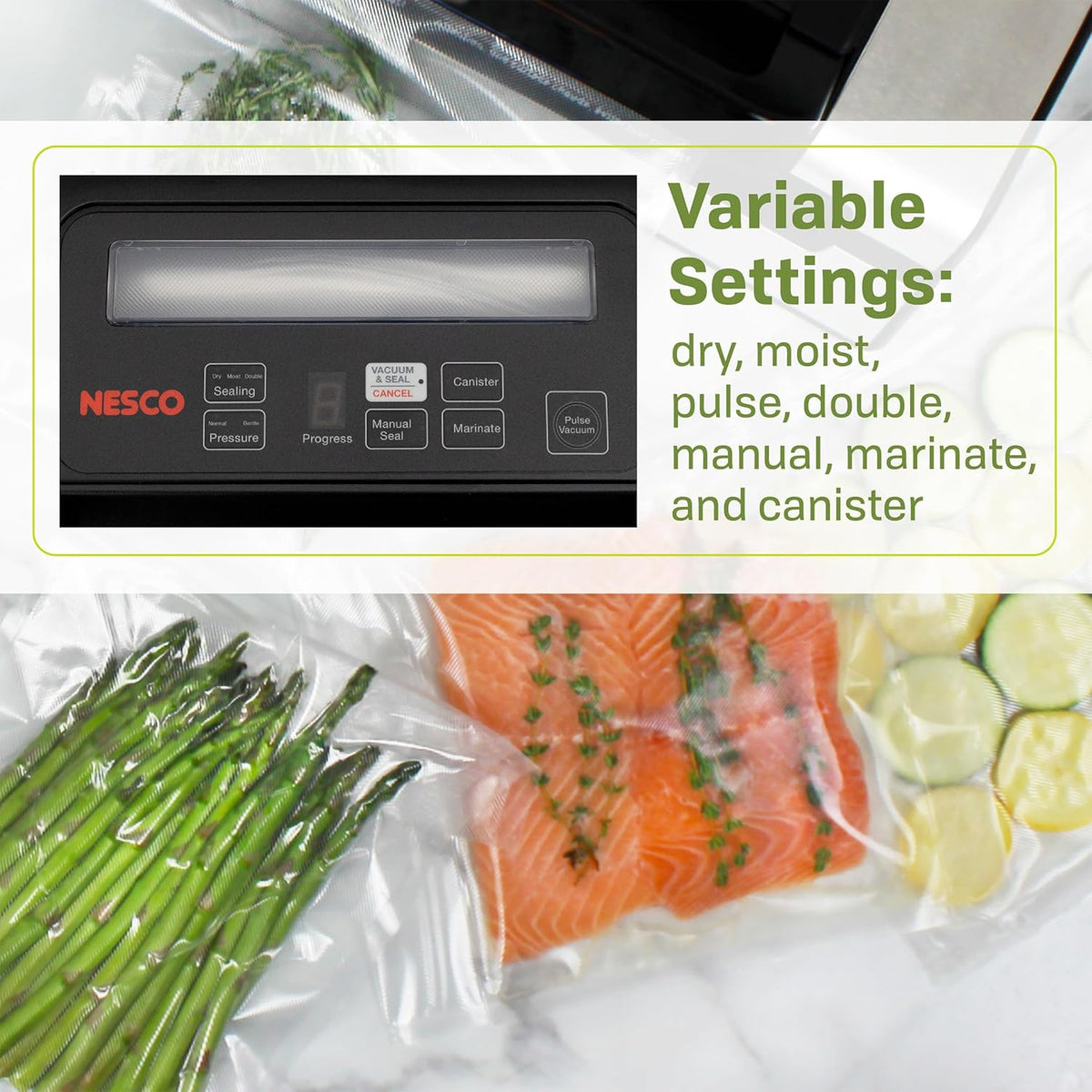 Nesco VS-12 vacuum sealed bag prepared for sous vide precision cooking