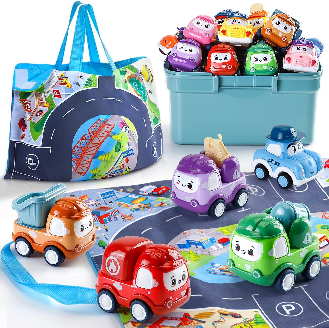 Kiddiworld mini car toys front view of twelve pull back trucks on the colorful playmat.