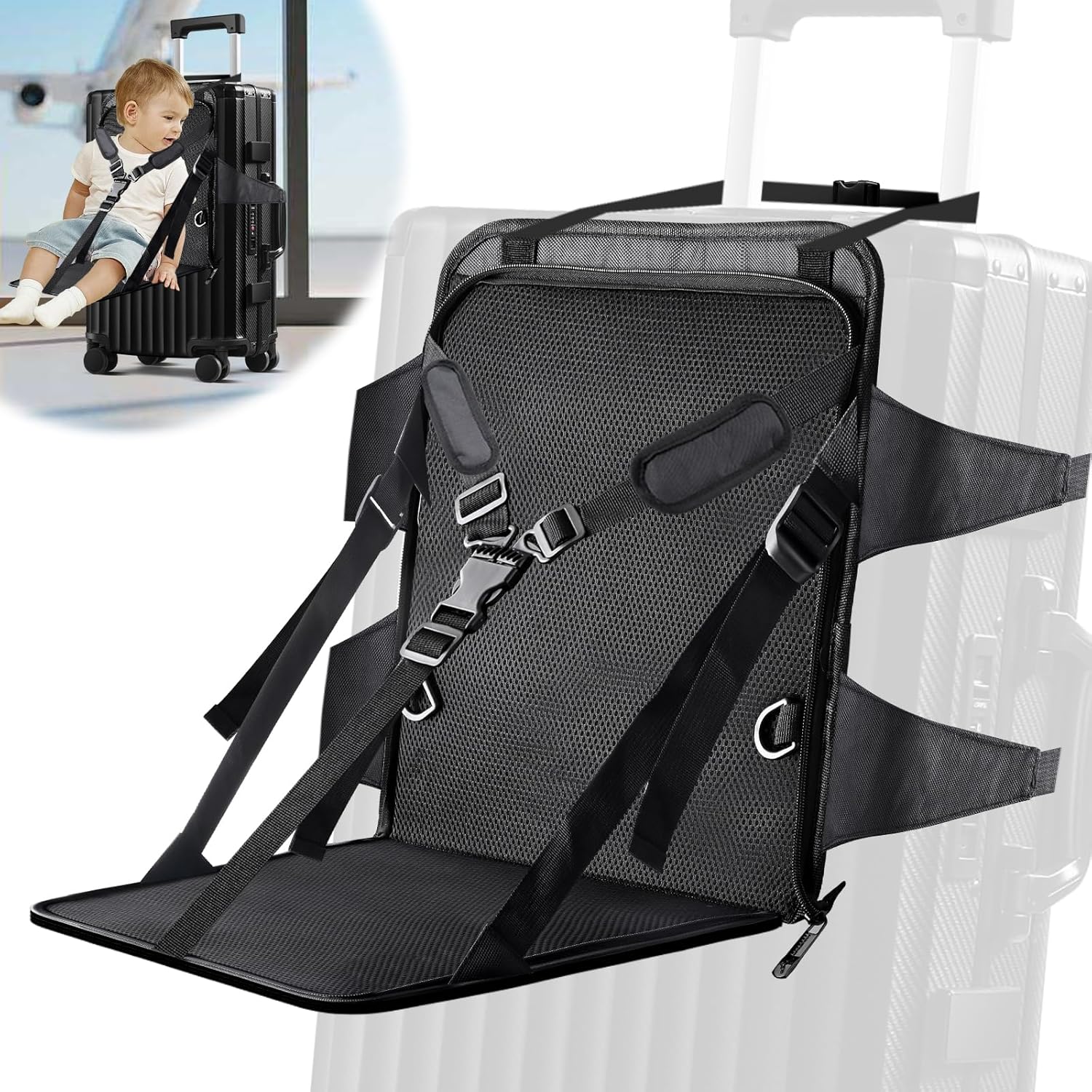 Zxbaers Upgraded Kids Travel Seat front view attached to a rolling carry on suitcase.