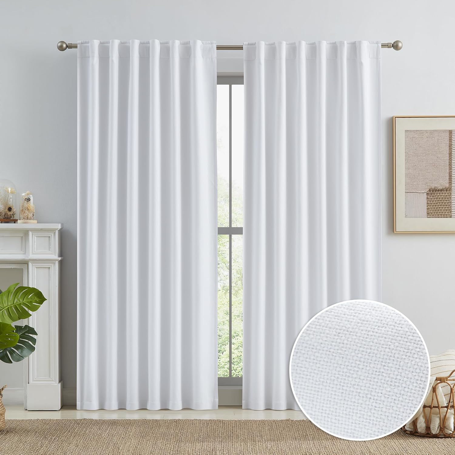 KEQIAOSUOCAI full blackout curtains white 84 inch front view hanging on a metallic rod in a bright room