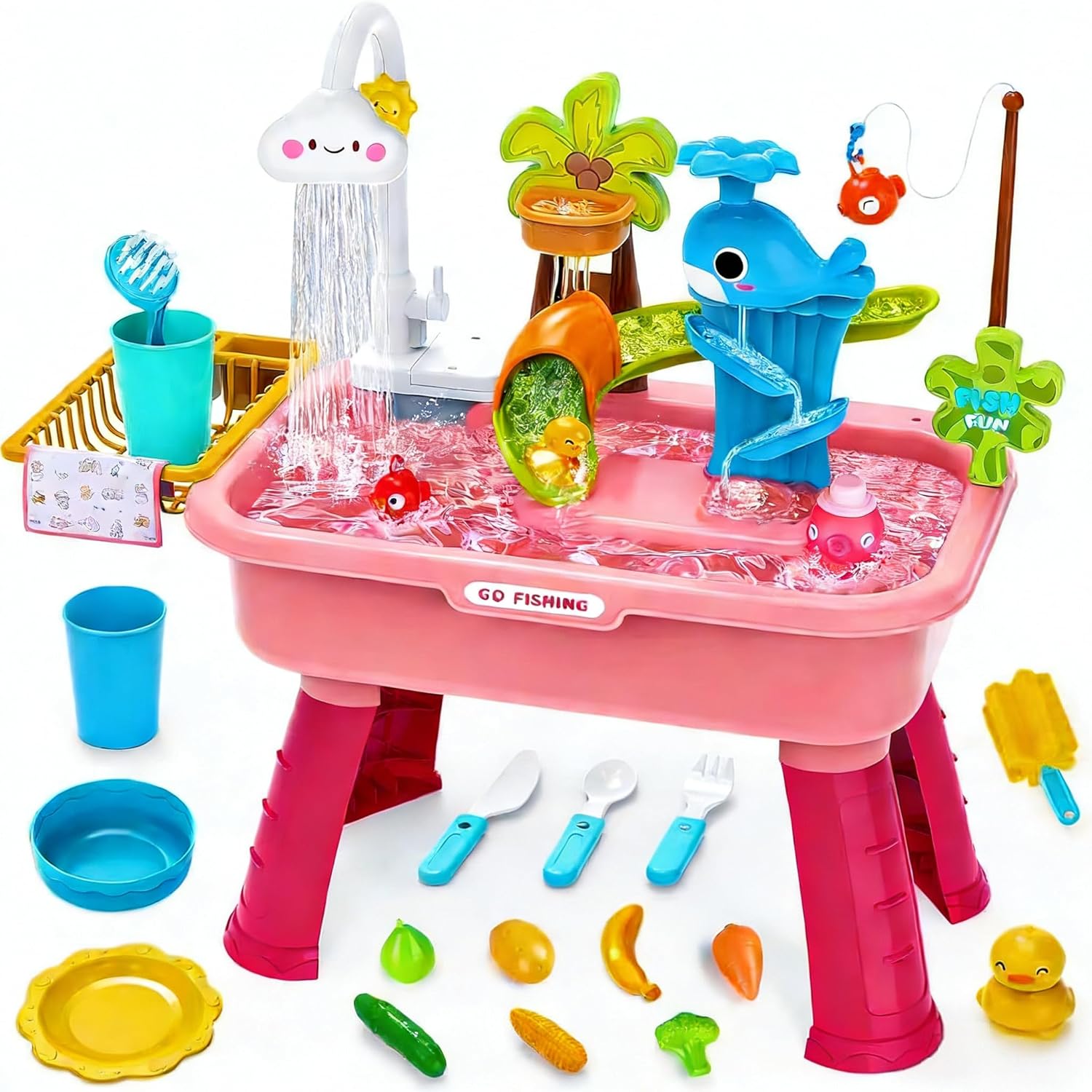 Ploomi Upgraded Toddler Sand Water Table in Pink showing the main play sink setup with the running cloud faucet.