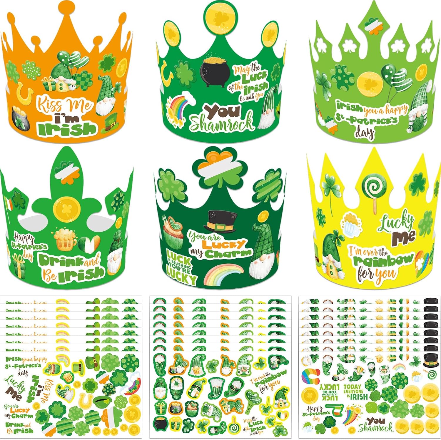 Hooqict WorldBazaar Saint Patrick Day crown craft kit front view showing assorted green paper hats and sticker sheets.