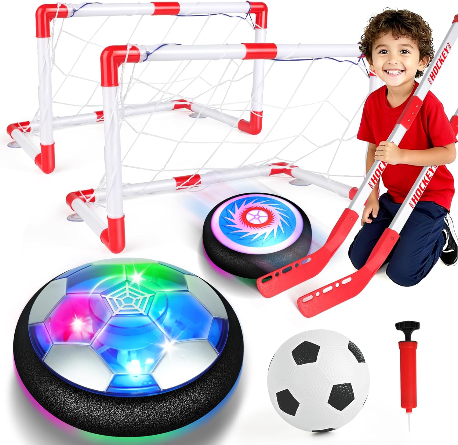 Billeeit 3 in 1 hover soccer ball set showing glowing light emitting diode discs and red and white goals from the front view.