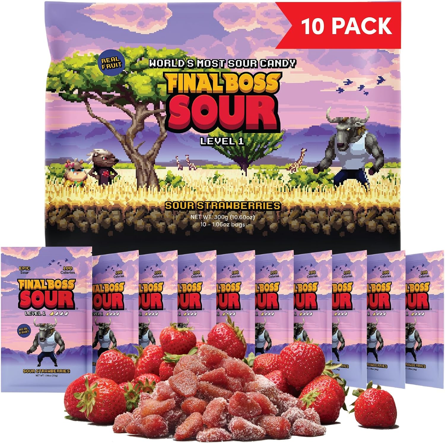 Final Boss Level 1 Sour Strawberries candy front view