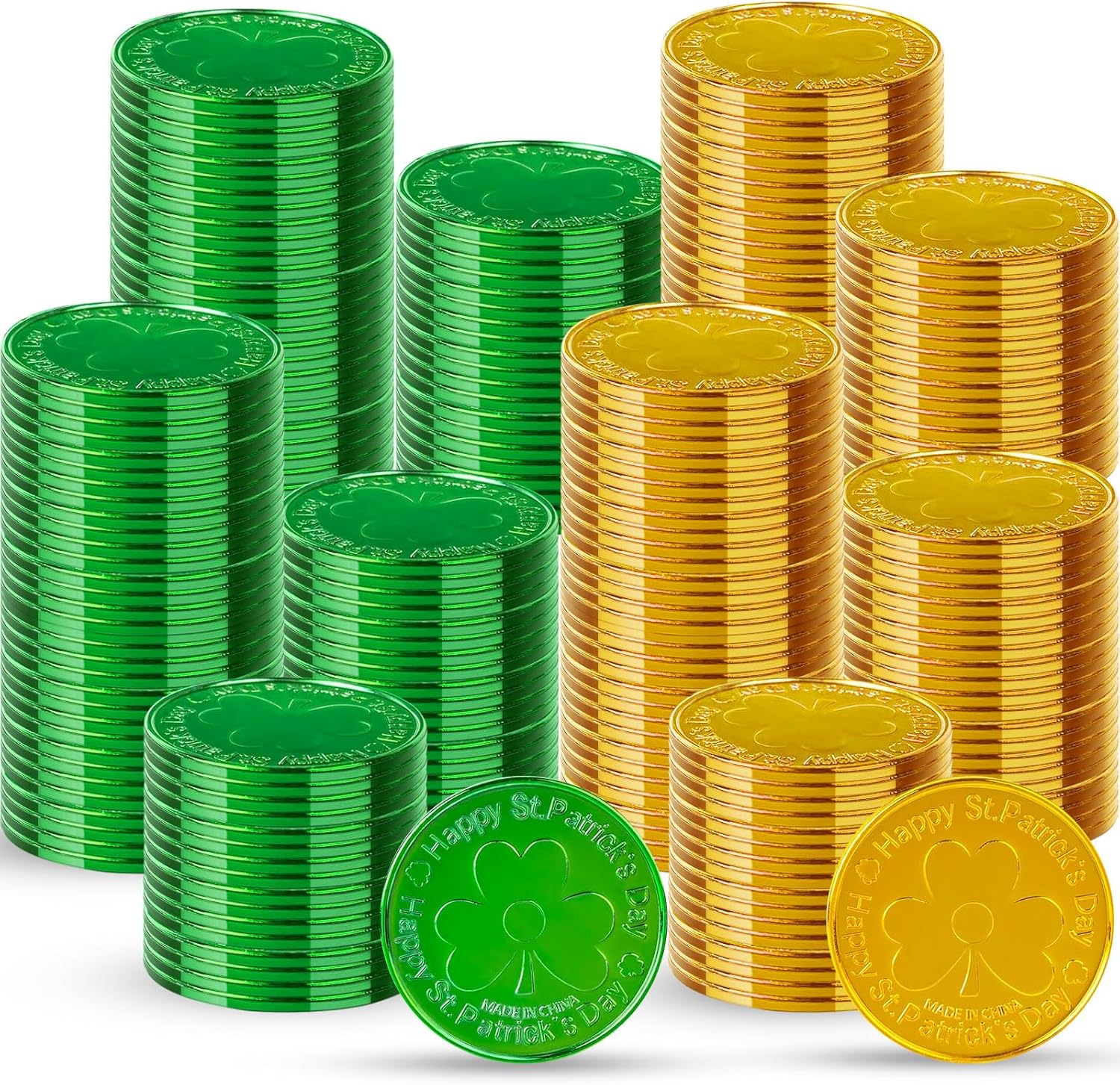 Cssopenss St Patrick's Day Coins front view of green and gold plastic pieces.