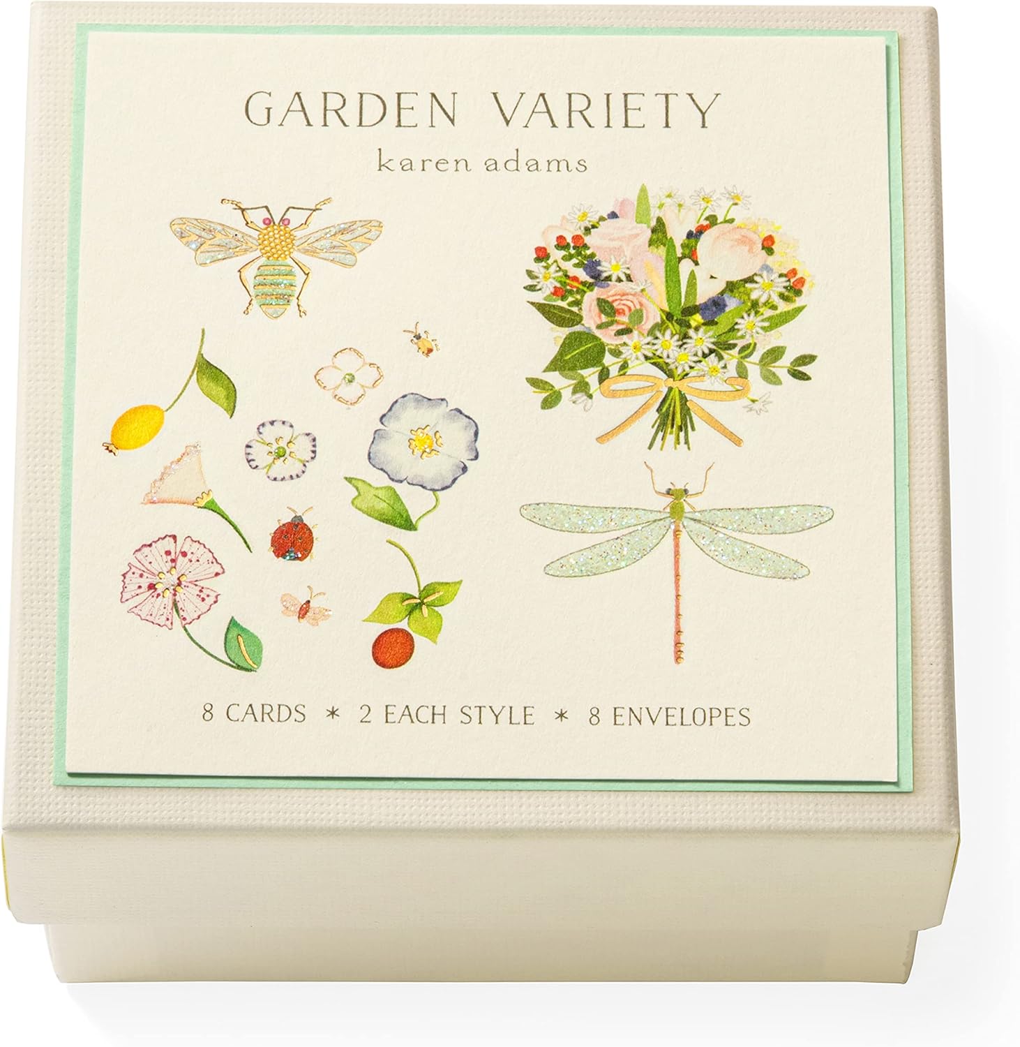 Karen Adams Garden Party Gift Card Enclosure Box front view showing assorted luxury hand-glittered miniature cards