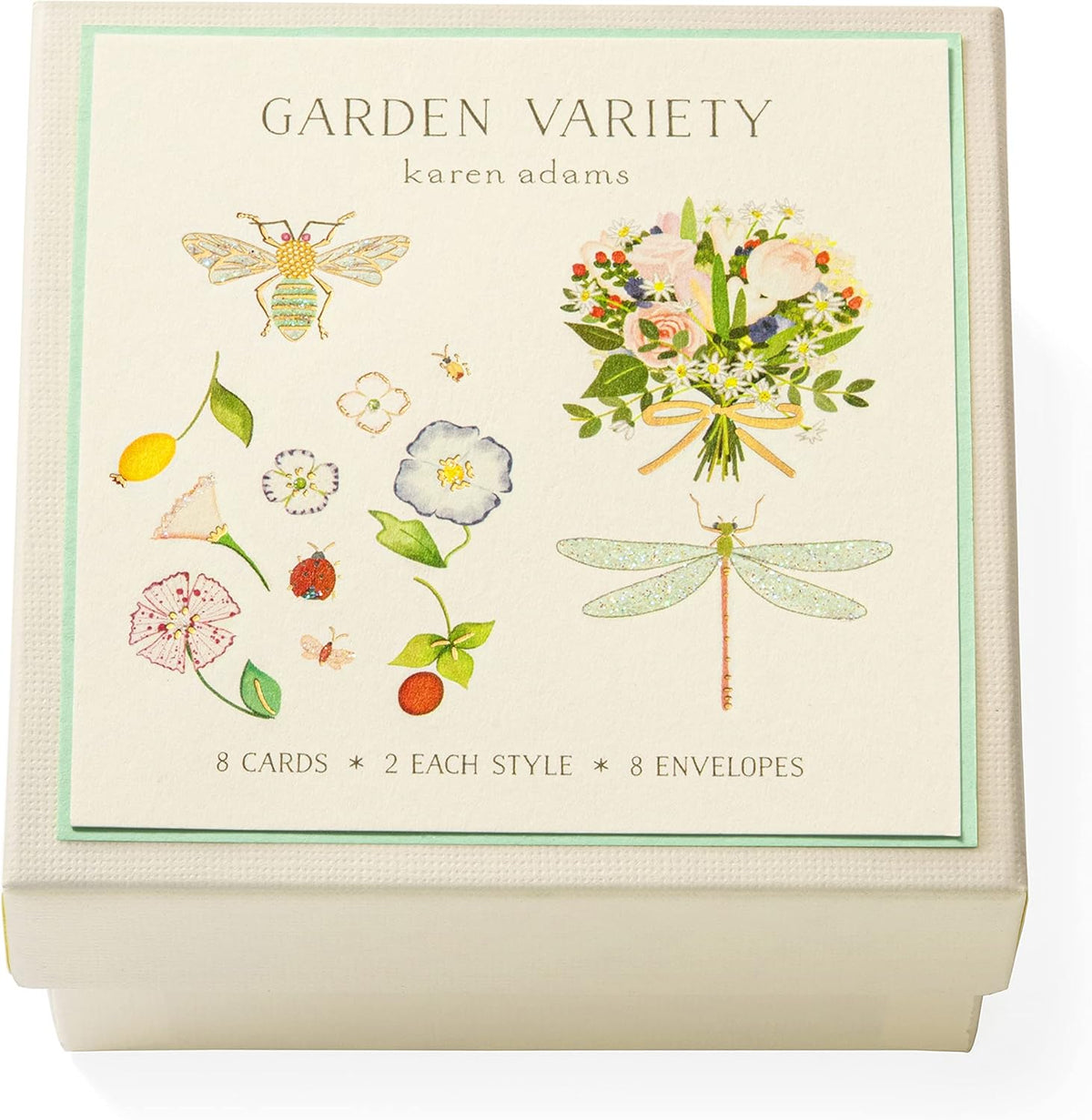 Karen Adams Garden Party Gift Card Enclosure Box front view showing assorted luxury hand-glittered miniature cards