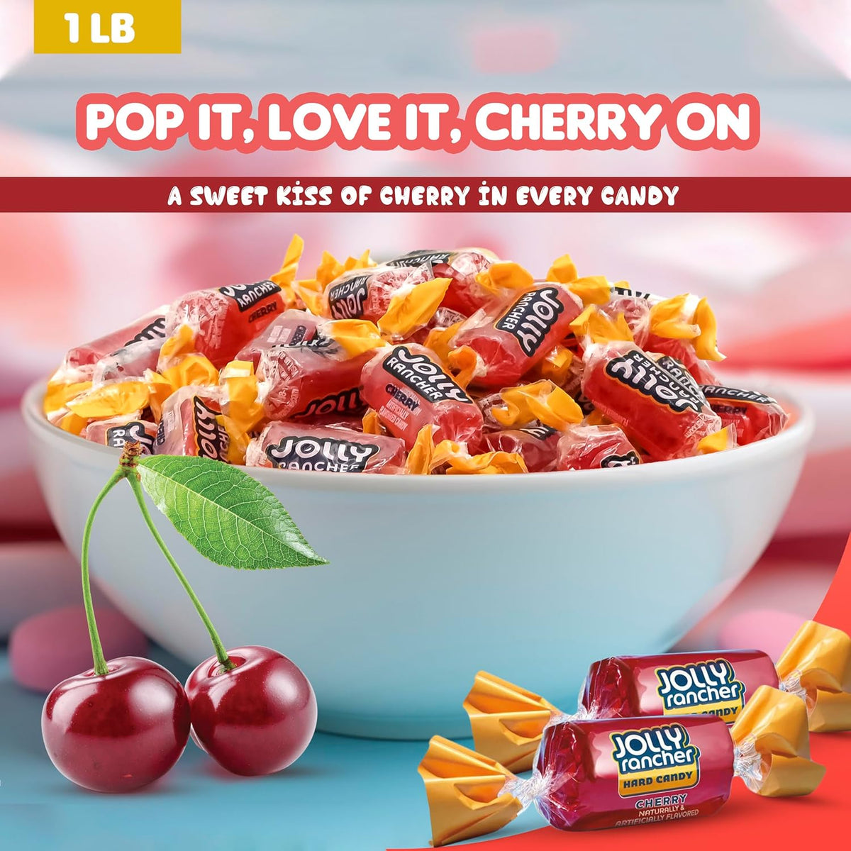 Candylish cherry flavored hard candy pieces on a table