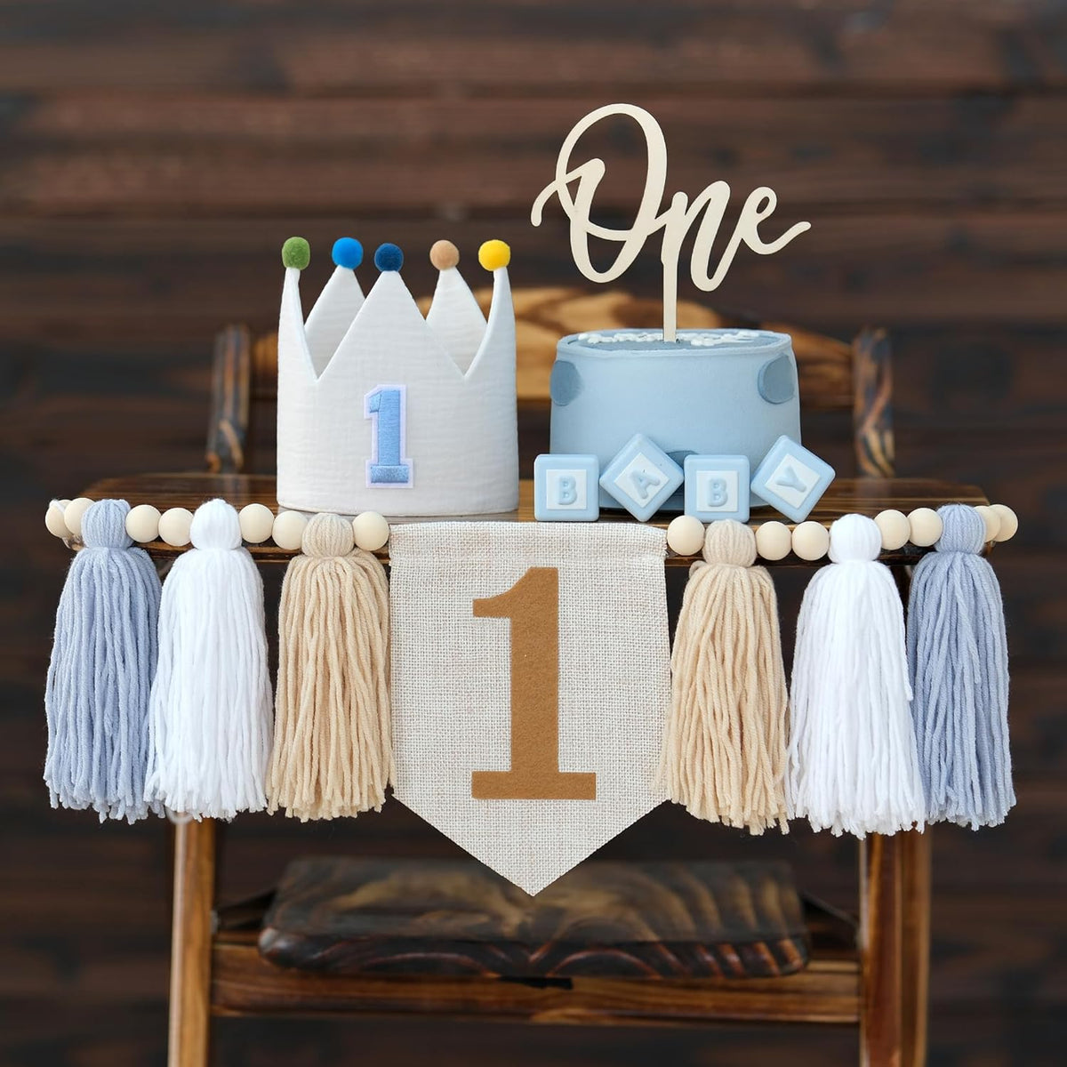 Juiizay baby boy first birthday decoration set front view