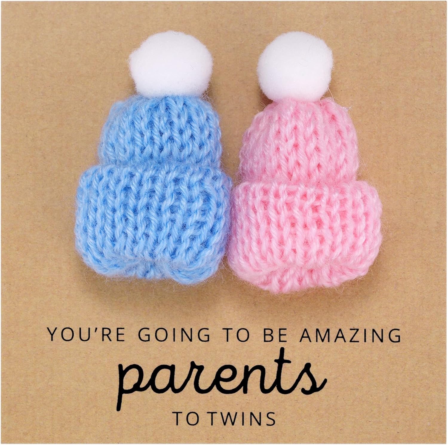 Ukodnus twins baby card front view showing blue and pink knitted hats