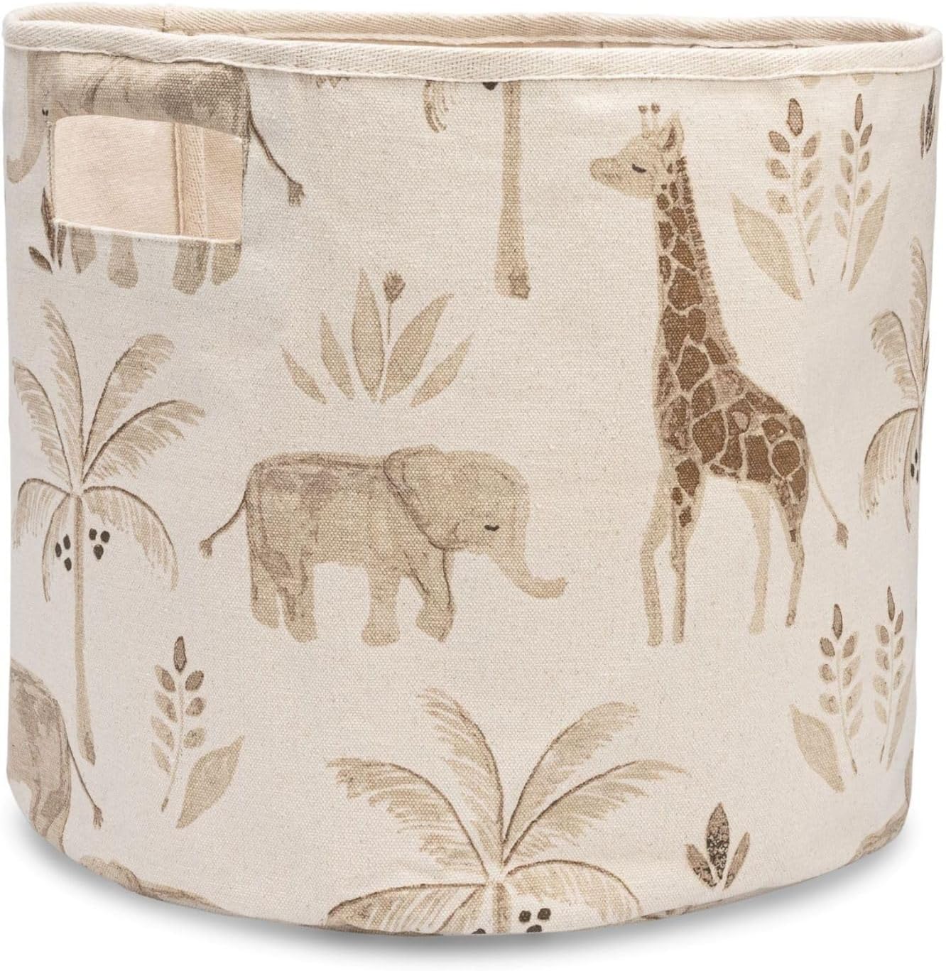 Crane Baby Willow Safari storage basket front view showing handcrafted jungle animal motifs on cotton fabric.