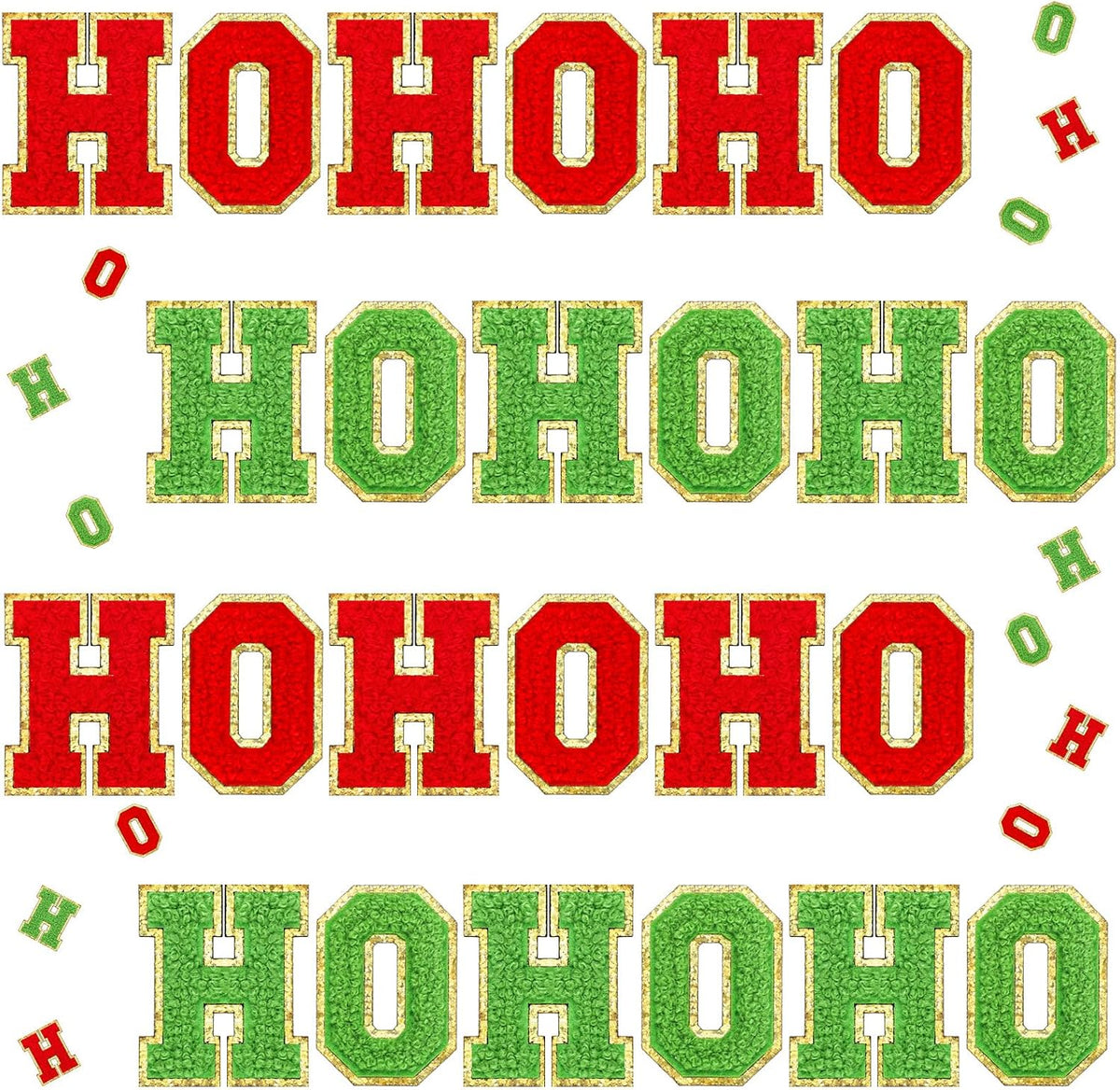 Knitgrip Christmas patches front view showing red and green chenille letters