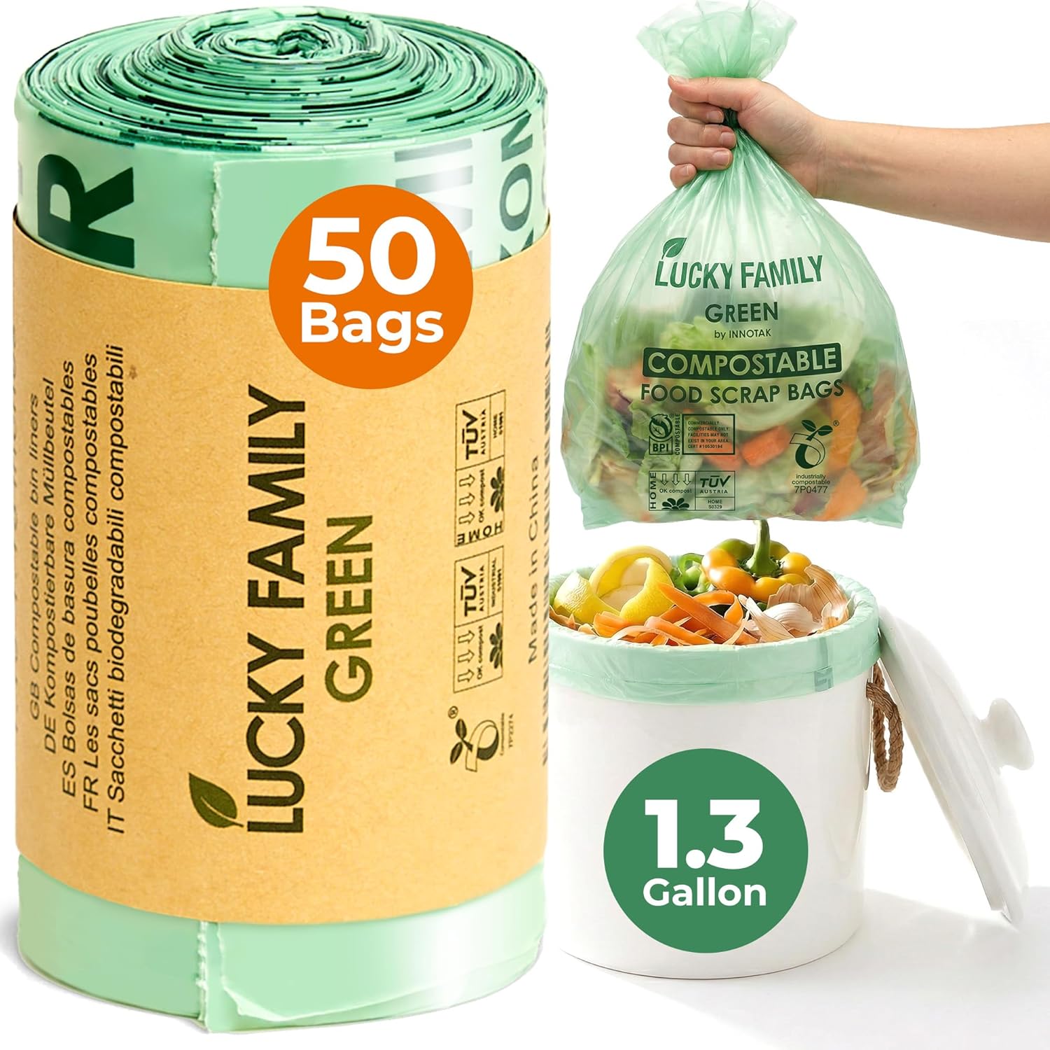 Innotak Lucky Family Green compostable trash bags 50 count roll front view for eco-friendly kitchen waste.