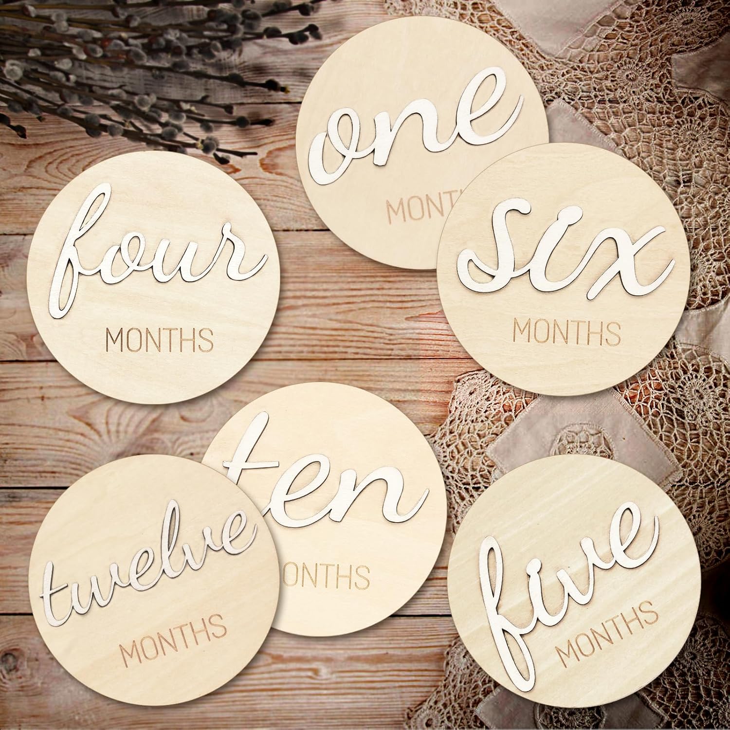 Eoscasely wooden baby monthly milestone marker discs front view showcasing premium three dimensional lettering.