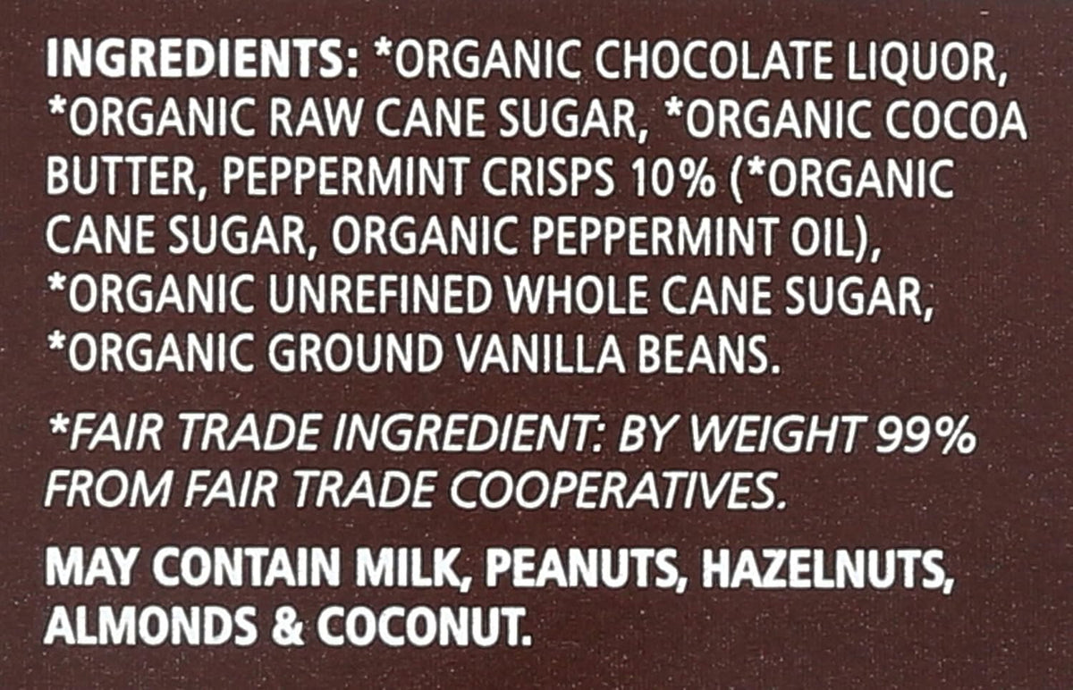 Square pieces of Equal Exchange dark chocolate with mint bits