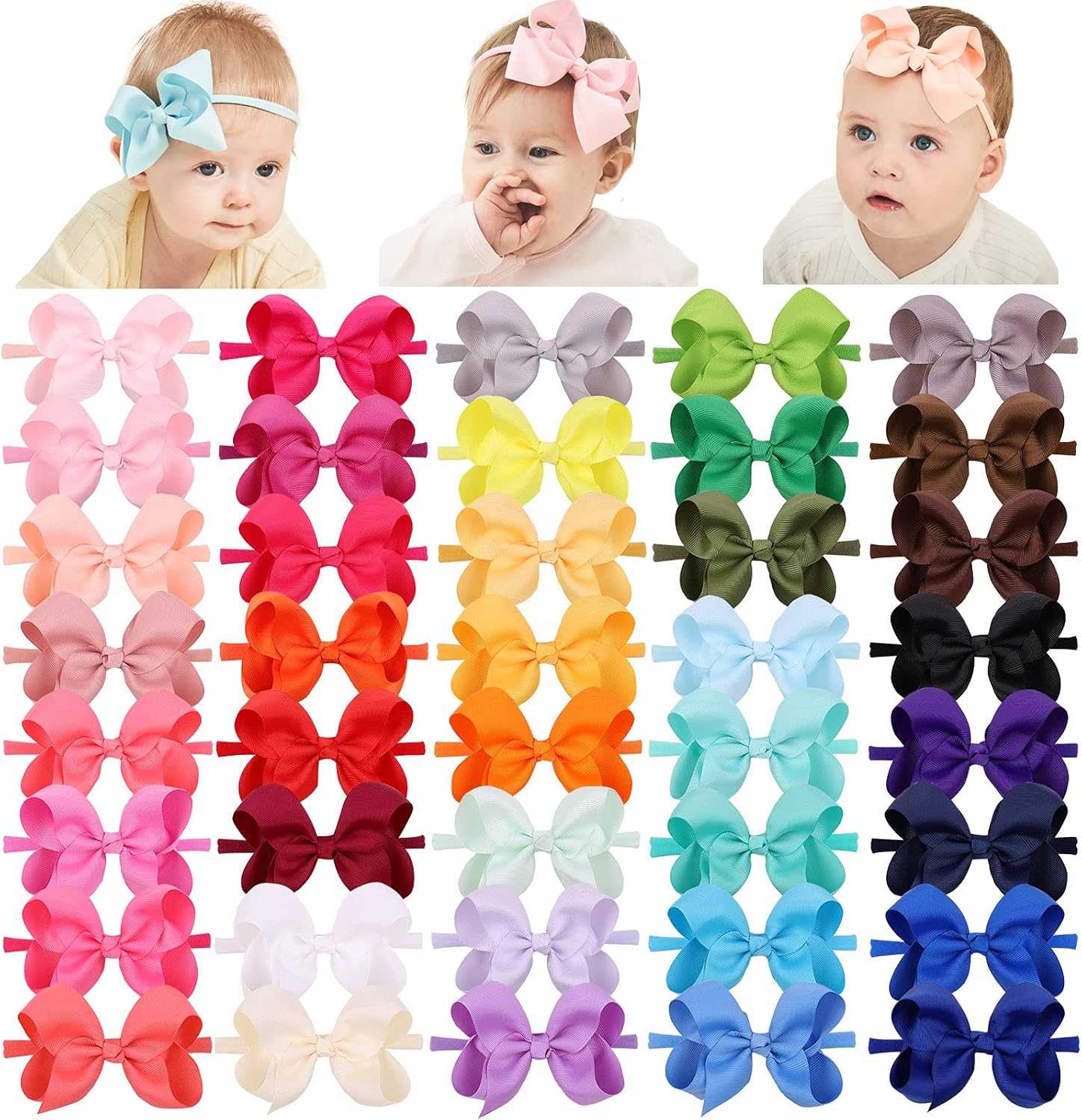 Jollybows 40 piece baby girl ribbon hair bows set front view