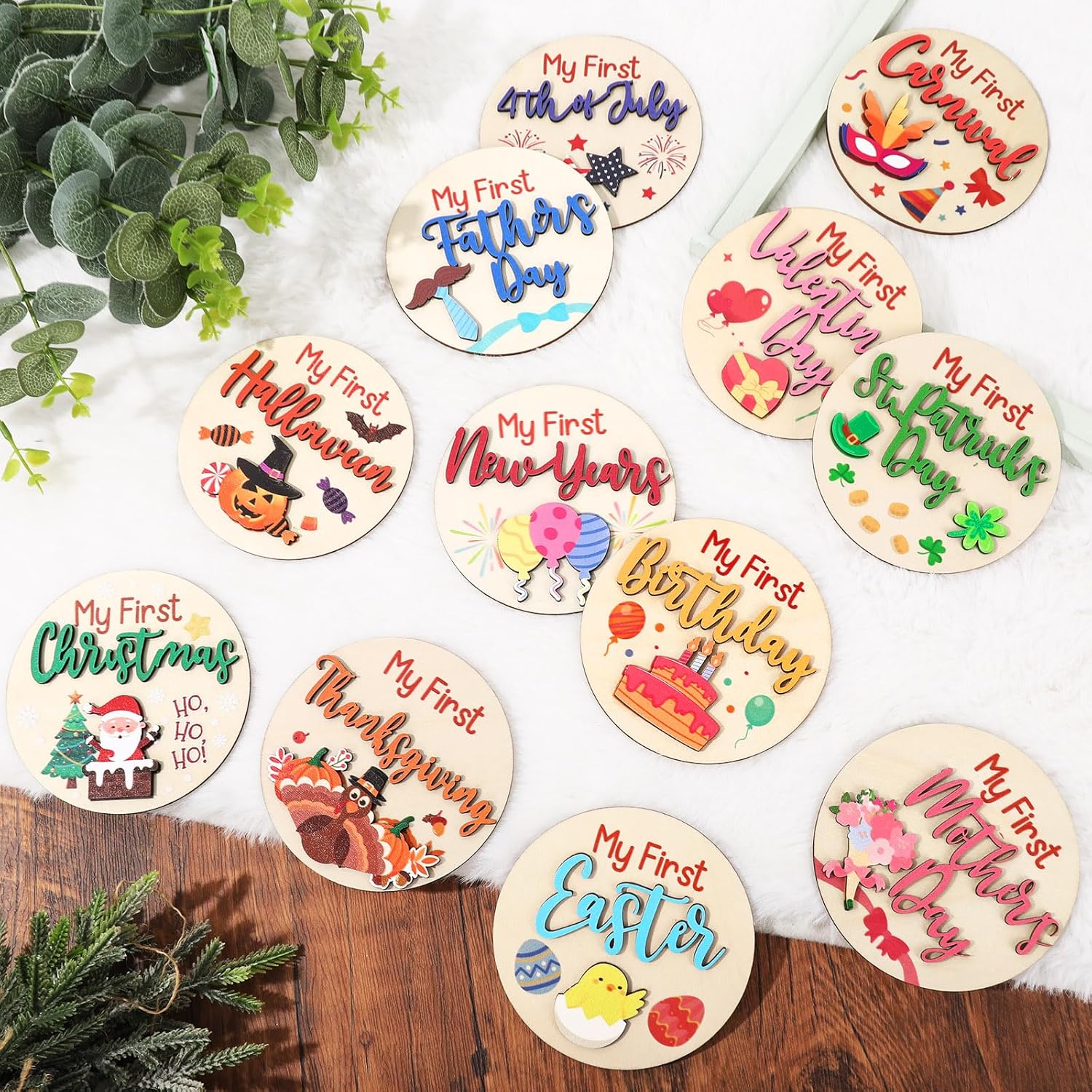 FYSUIMU baby milestone cards front view of wooden holiday discs for photography.