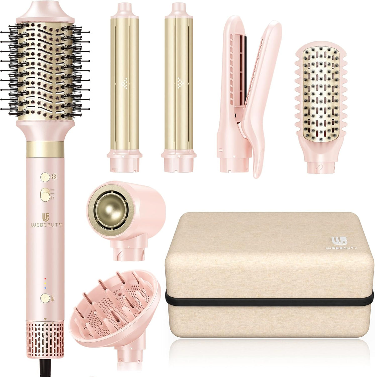 Webeauty 8-in-1 dual voltage hair dryer brush front view showcasing the sleek pink styling wand handle.